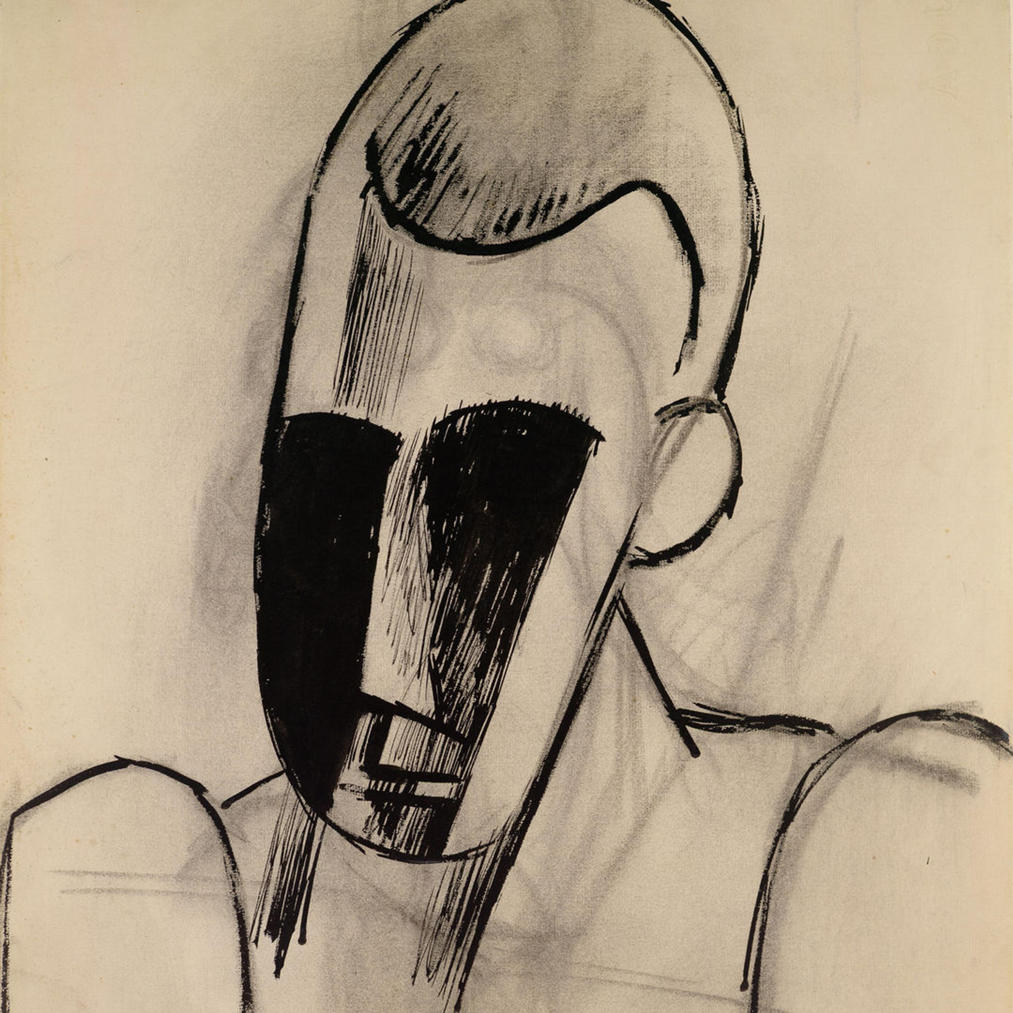 Ink and charcoal painting of a man’s head, shoulders, and almond-shaped eyes with long strokes of black ink coming out of them