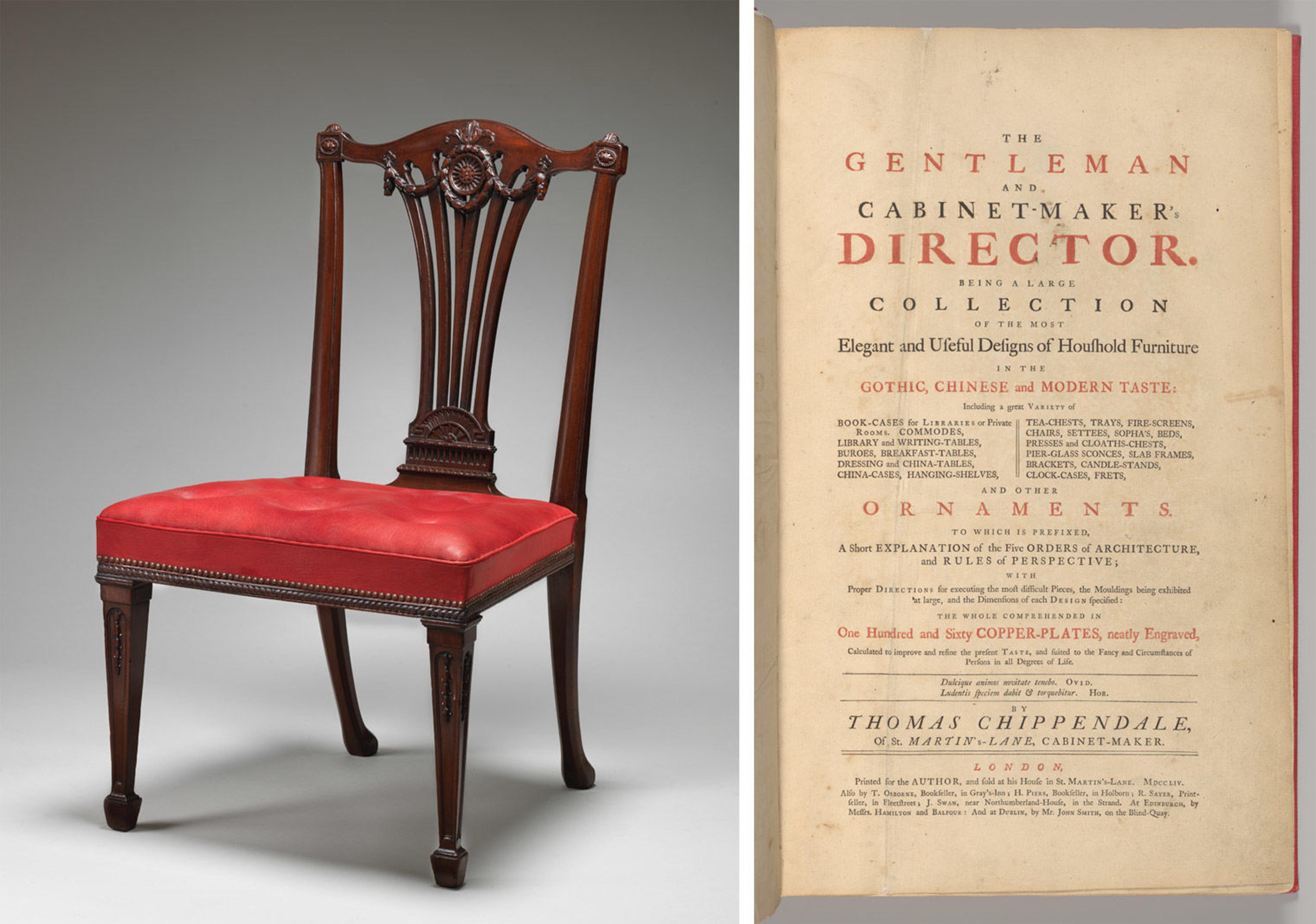 At left, an upholstered side chair by Thomas Chippendale. At right, the front page of Thomas Chippendale's "The Gentleman and Cabinet-Maker's Director"
