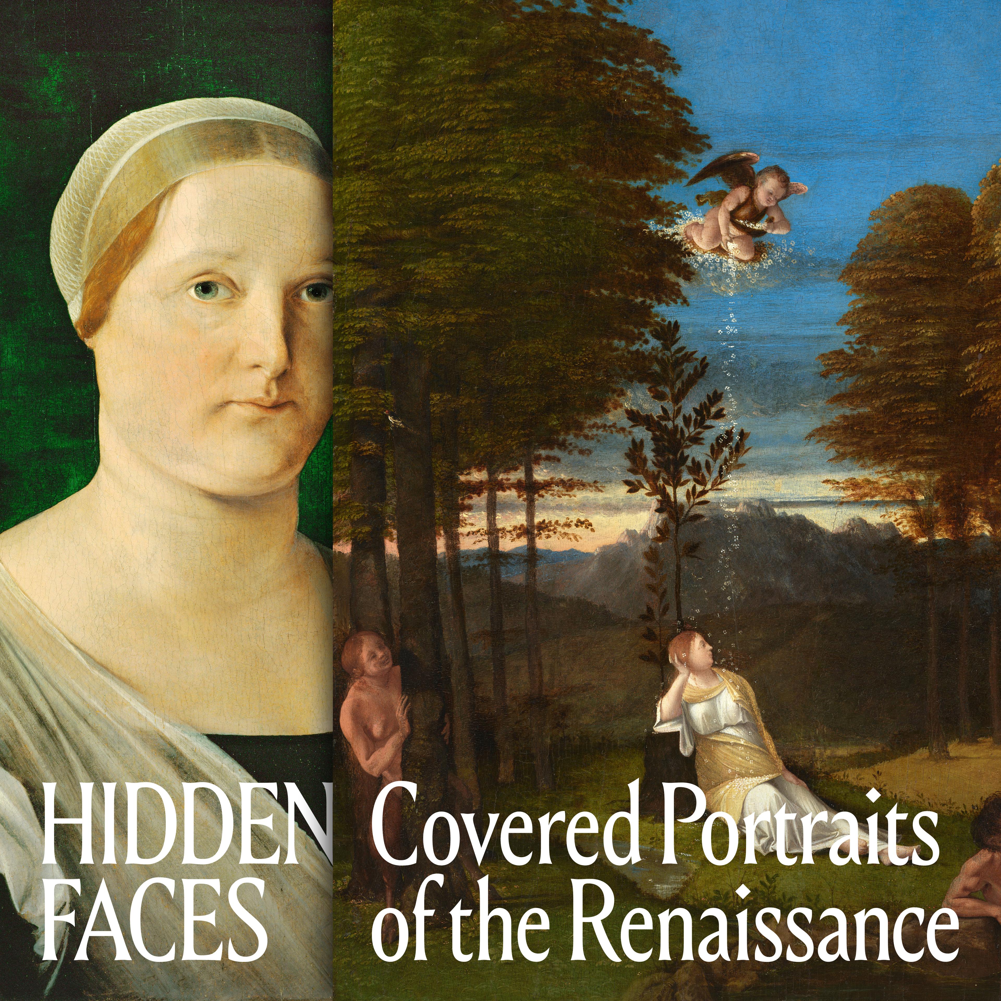 A composite image featuring renaissance portrait paintings with partially obscured faces, set against a countryside backdrop, titled "hidden faces: covered portraits of the renaissance.