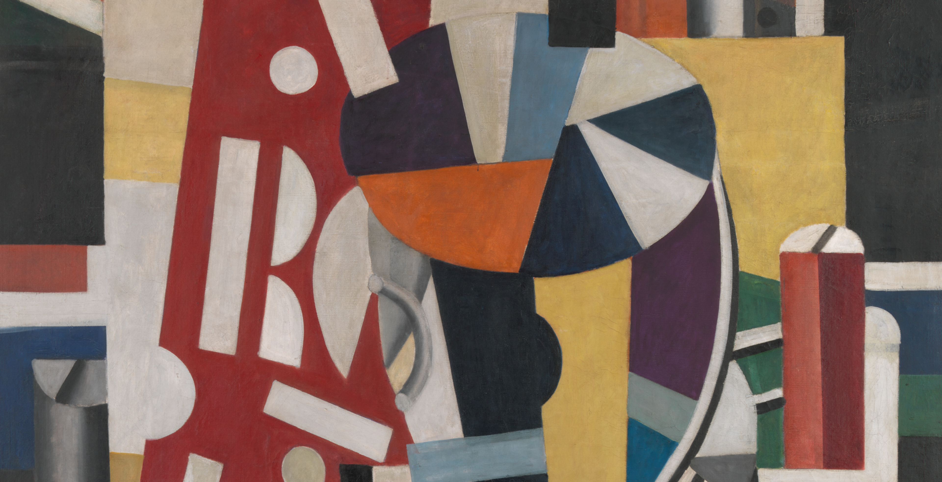 Oil painting with red, yellow, and black geometric cylinders and rectangles combine to form a worker typesetting the letters in front of him