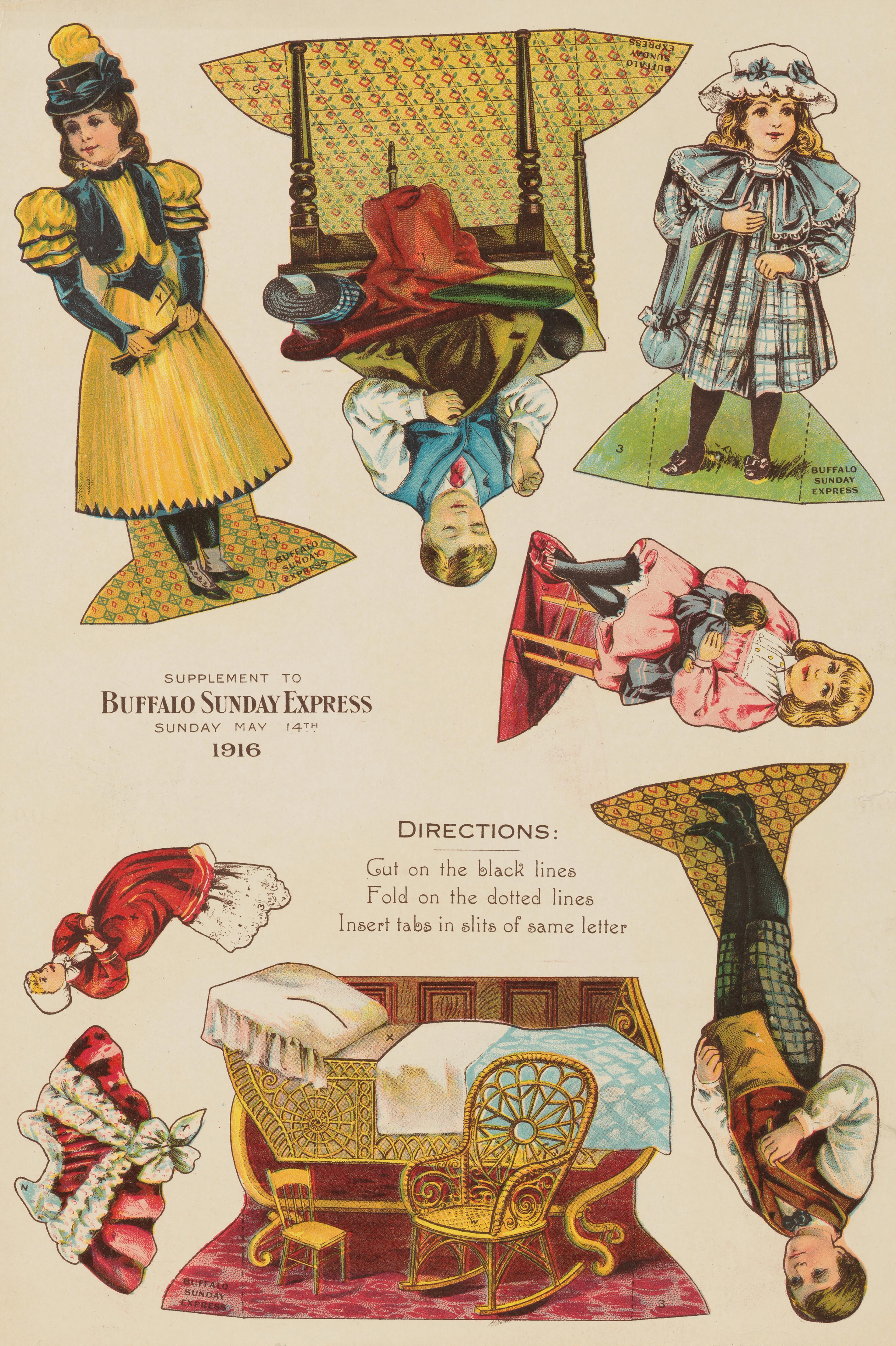 Sheet with cutouts of paper dolls and accompanying outfits and sets, rotated irregularly to fit the page. The figures include three girls, a tailor, and a young boy.