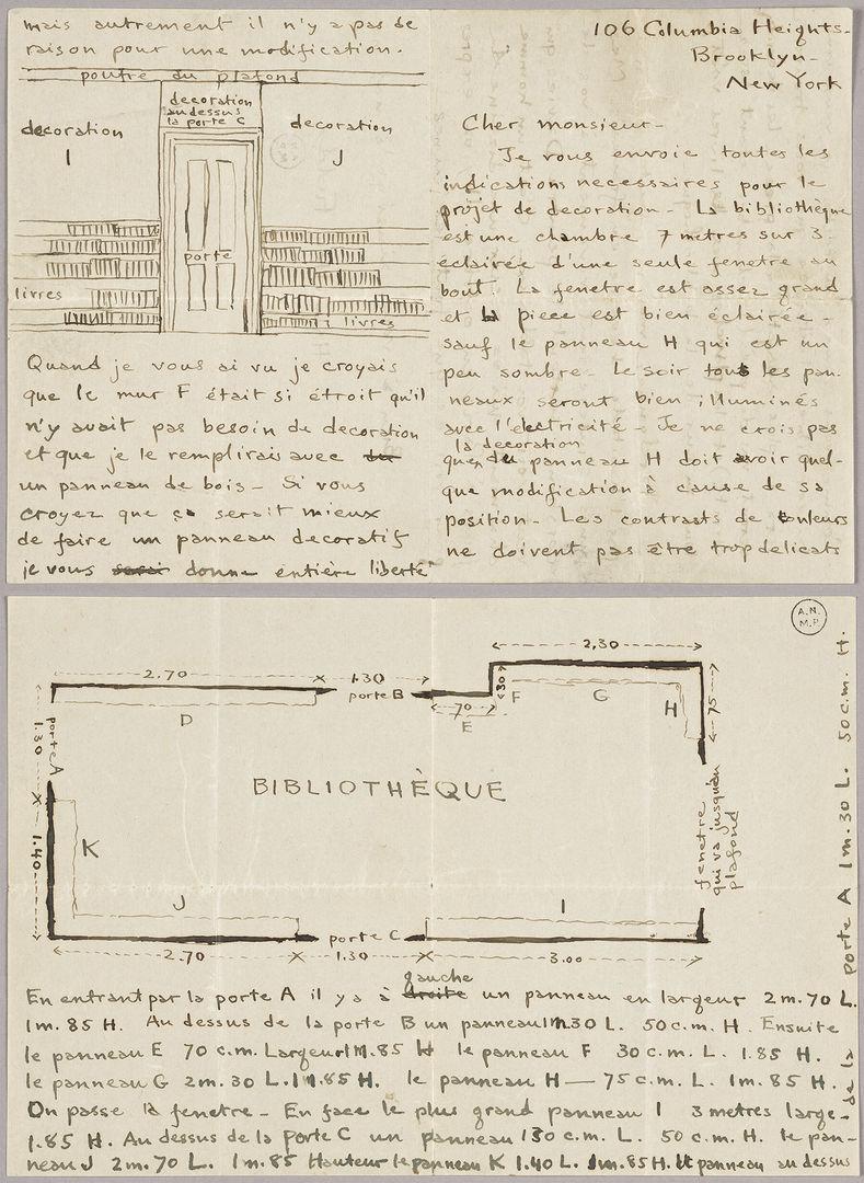 A letter in french on off white paper in brown ink. There is a diagram of a library.