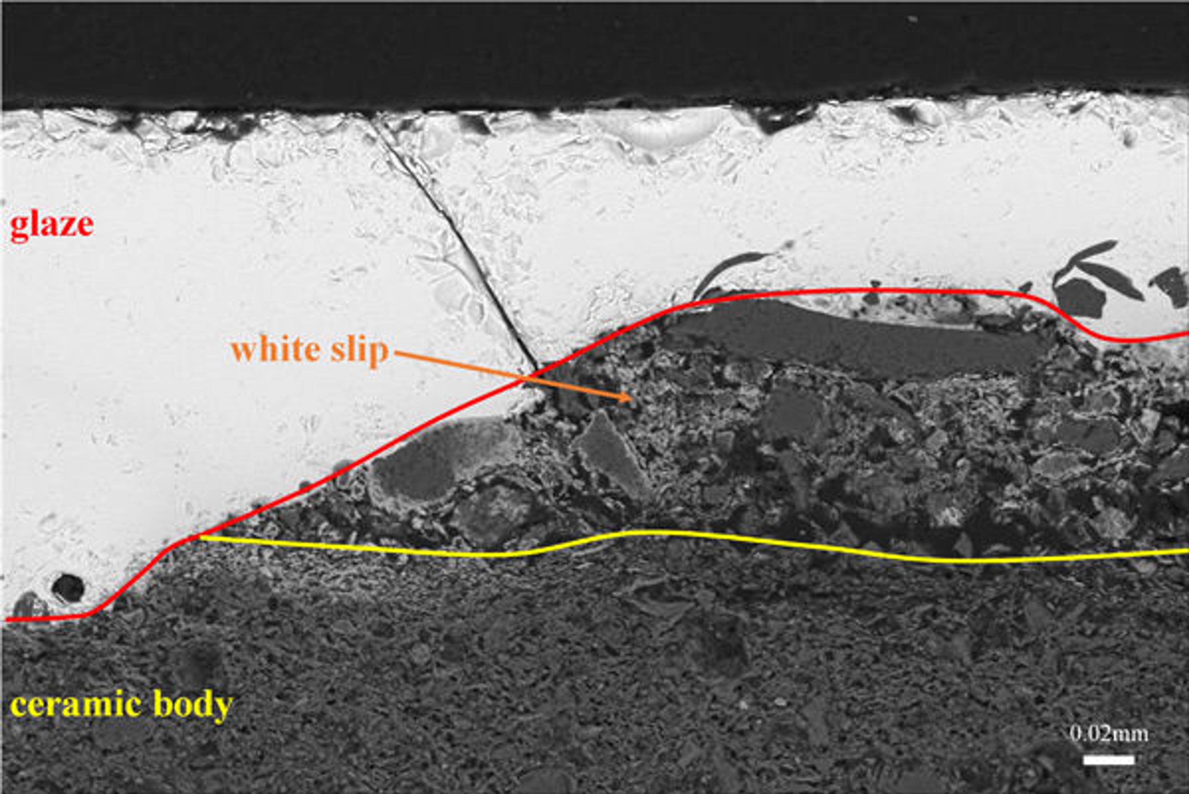 Fig. 4. SEM image showing the three main components of each sgraffito ware: the ceramic body, the white slip, and the glaze.