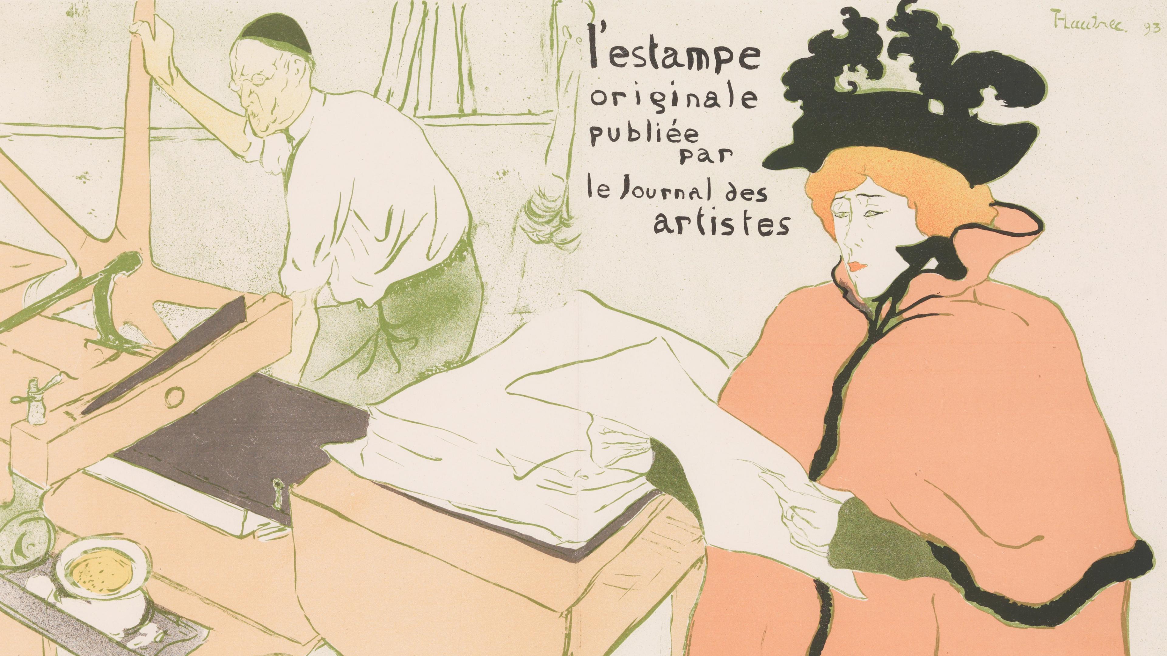Detail of a Toulouse-Lautrec lithograph depicting a printing press.