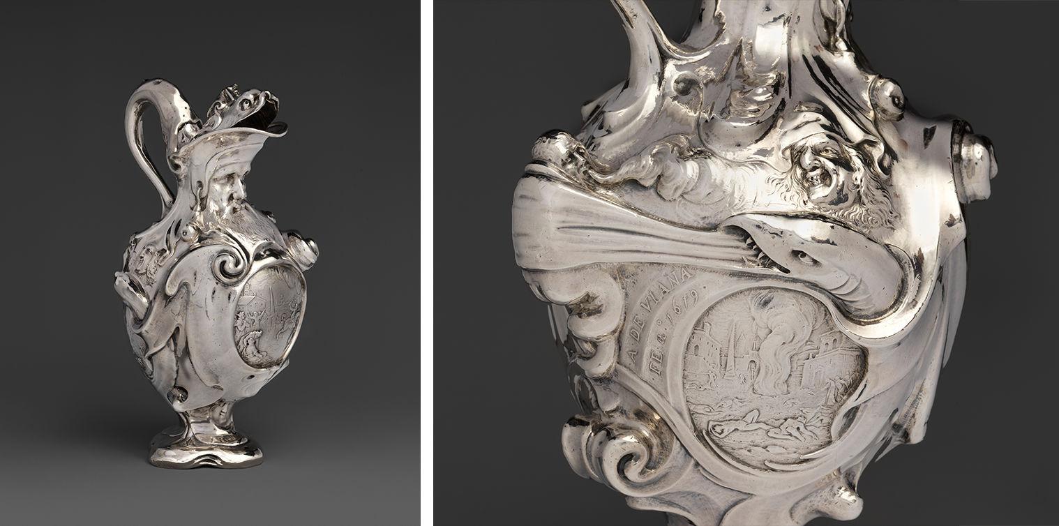 European decorative silver vase with intricate designs.