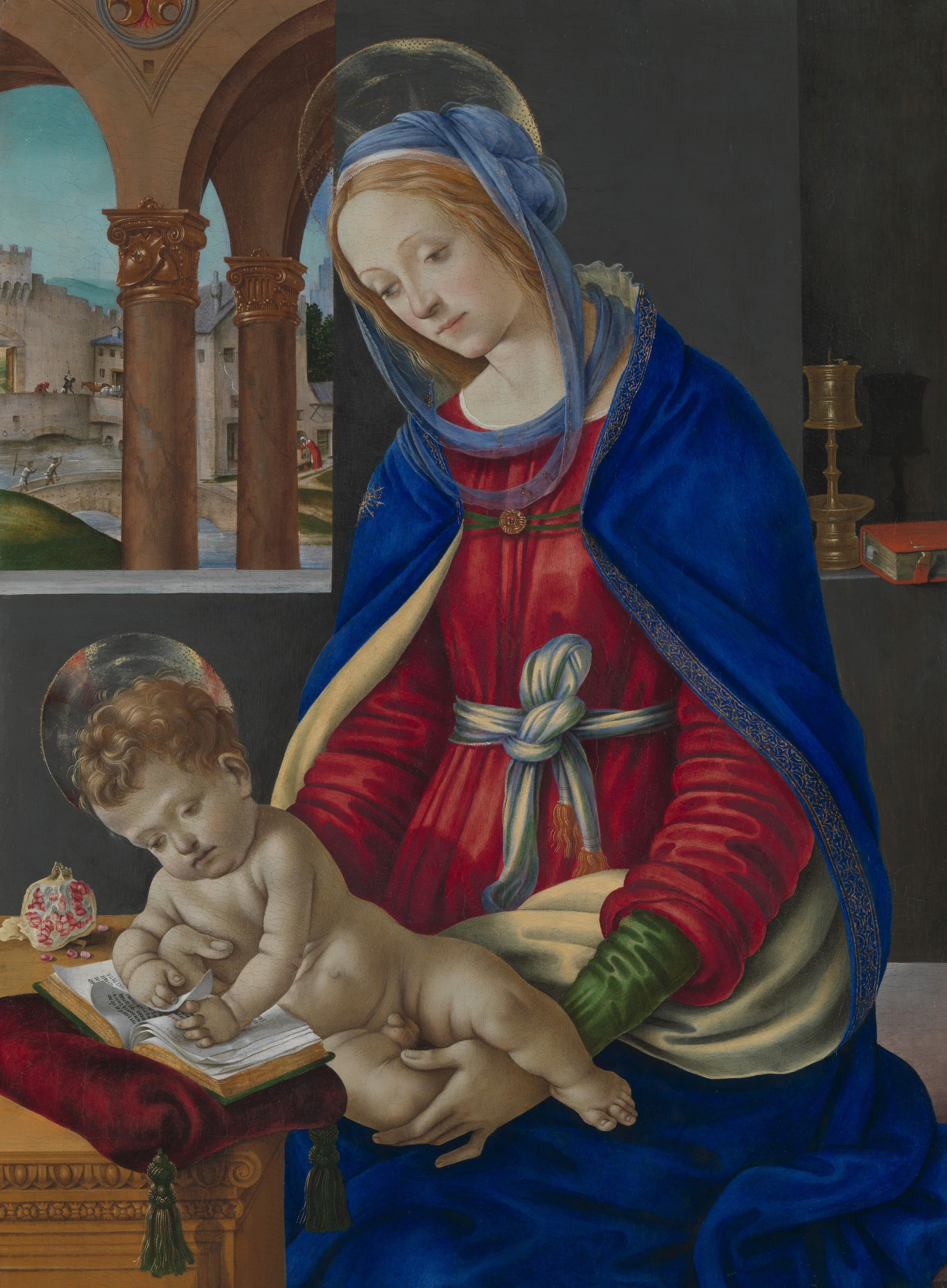 Italian Renaissance painting of the Virgin Mary in a blue cloak and red dress seated beside a column, gently supporting the nude Christ Child as he writes in a small open book, with a walled city visible through an arched window behind them.
