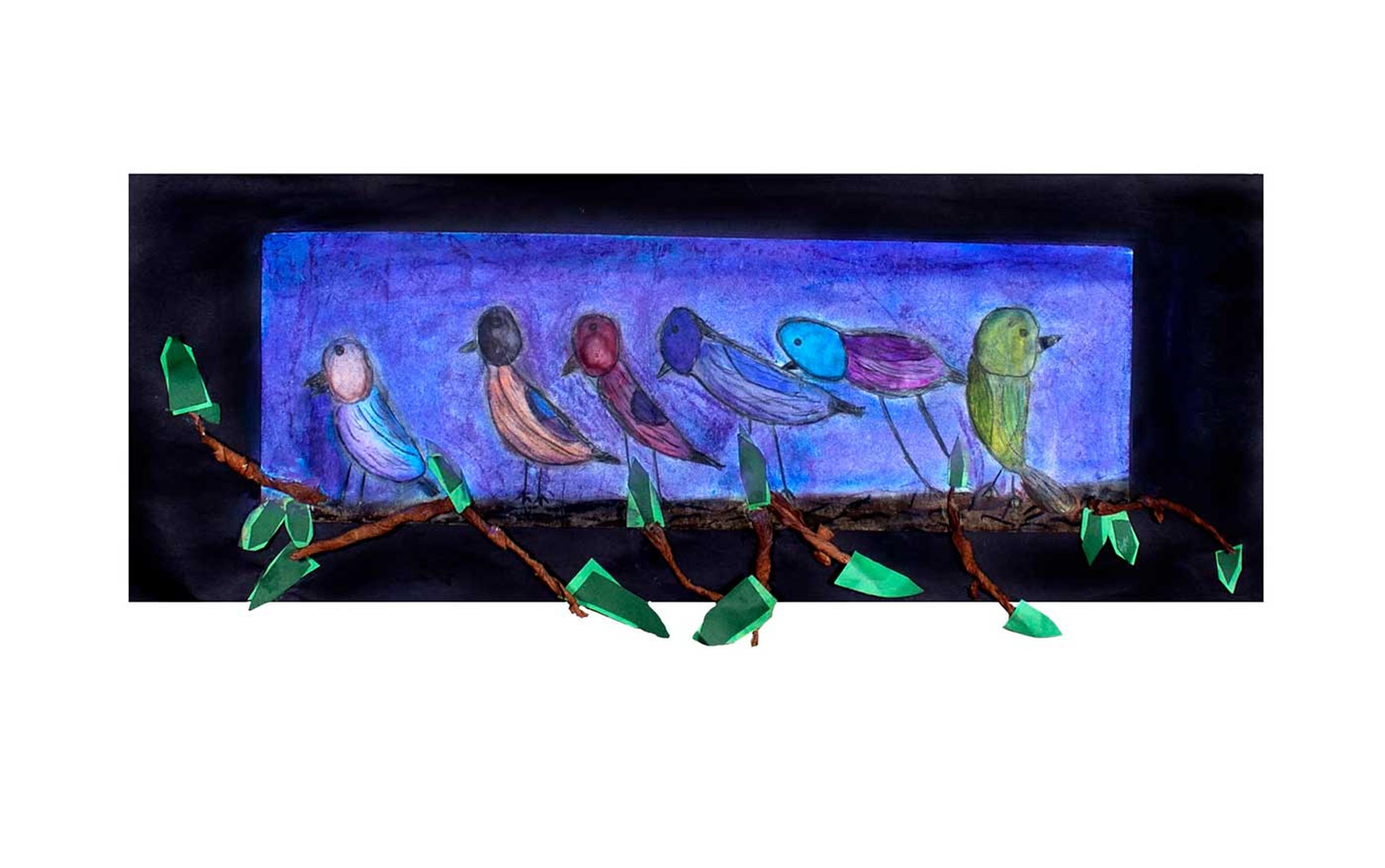 Drawing of six birds sitting on a branch with a purple background.