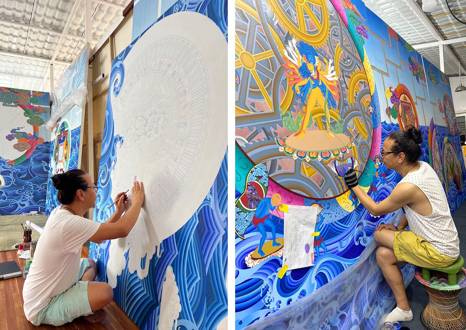 Split image of the artist Tenzing Rigdol painting in his studio.