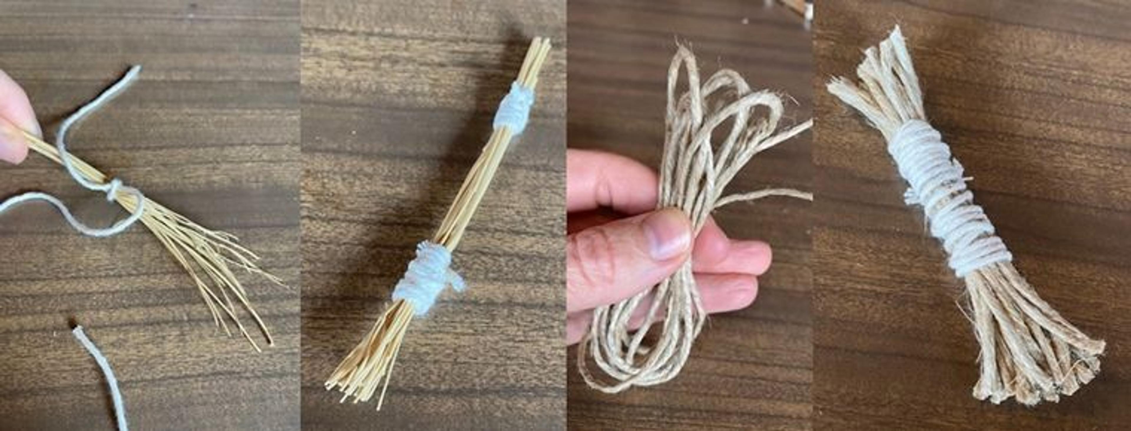 Four small side-by-side images of sticks being bundled together with thread.