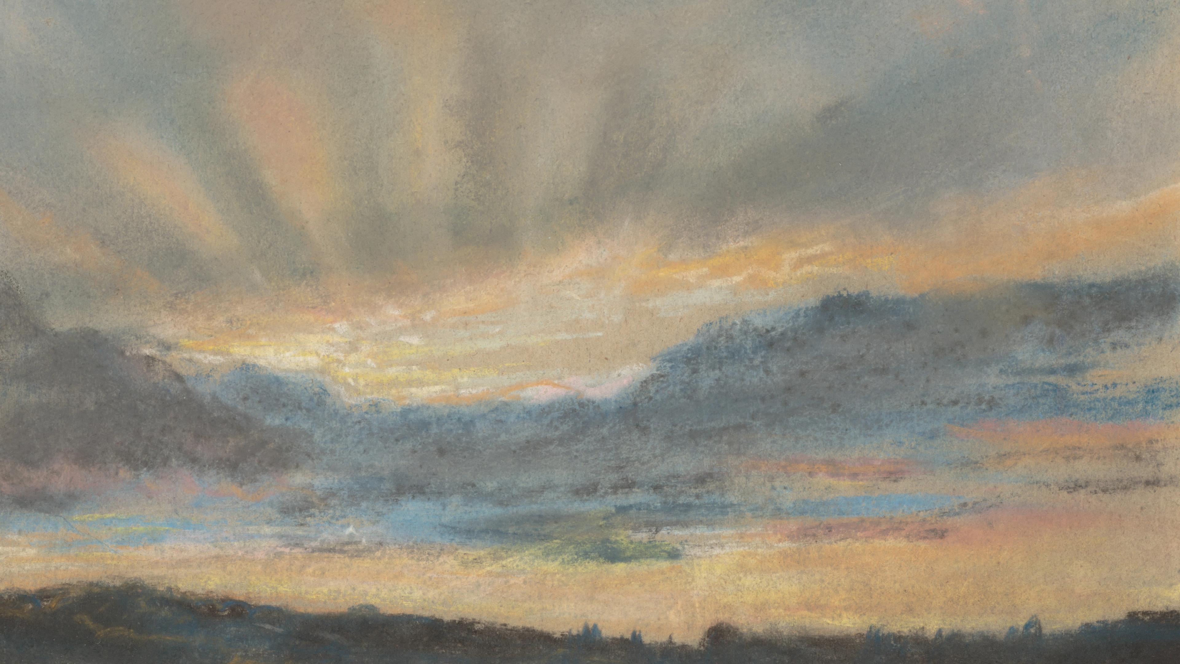 Detail from a colorful pastel drawing of a cloudy sunset.
