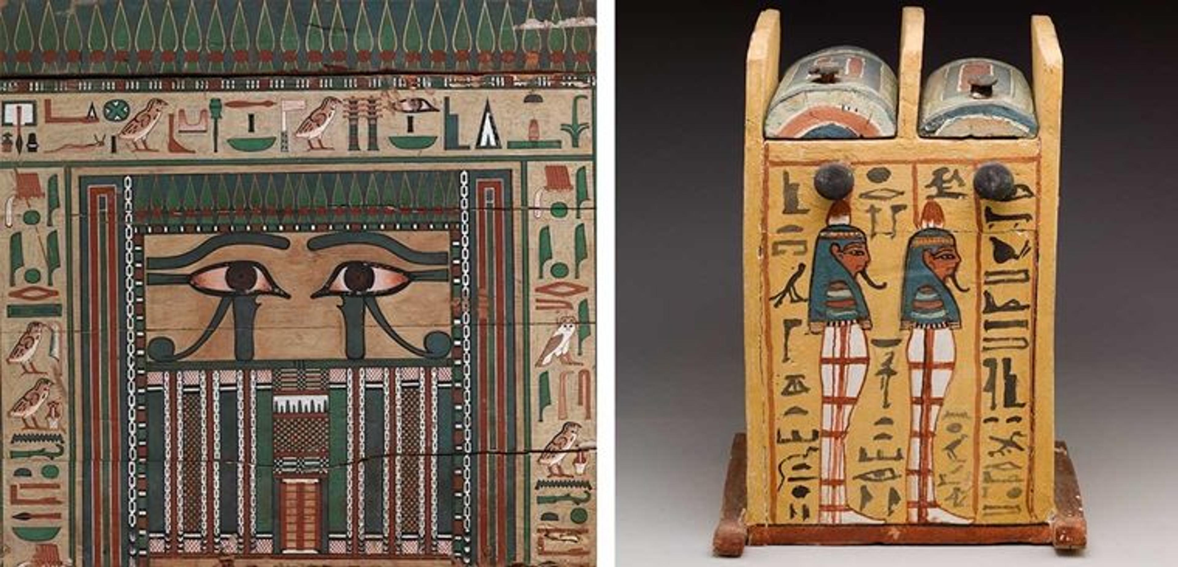 Left: a detail of a painting on an ancient Egyptian wooden coffin featuring eyes surrounded by ornate patterns and objects. Right: an ancient Egyptian box featuring a painting of two pharaohs facing to the right.