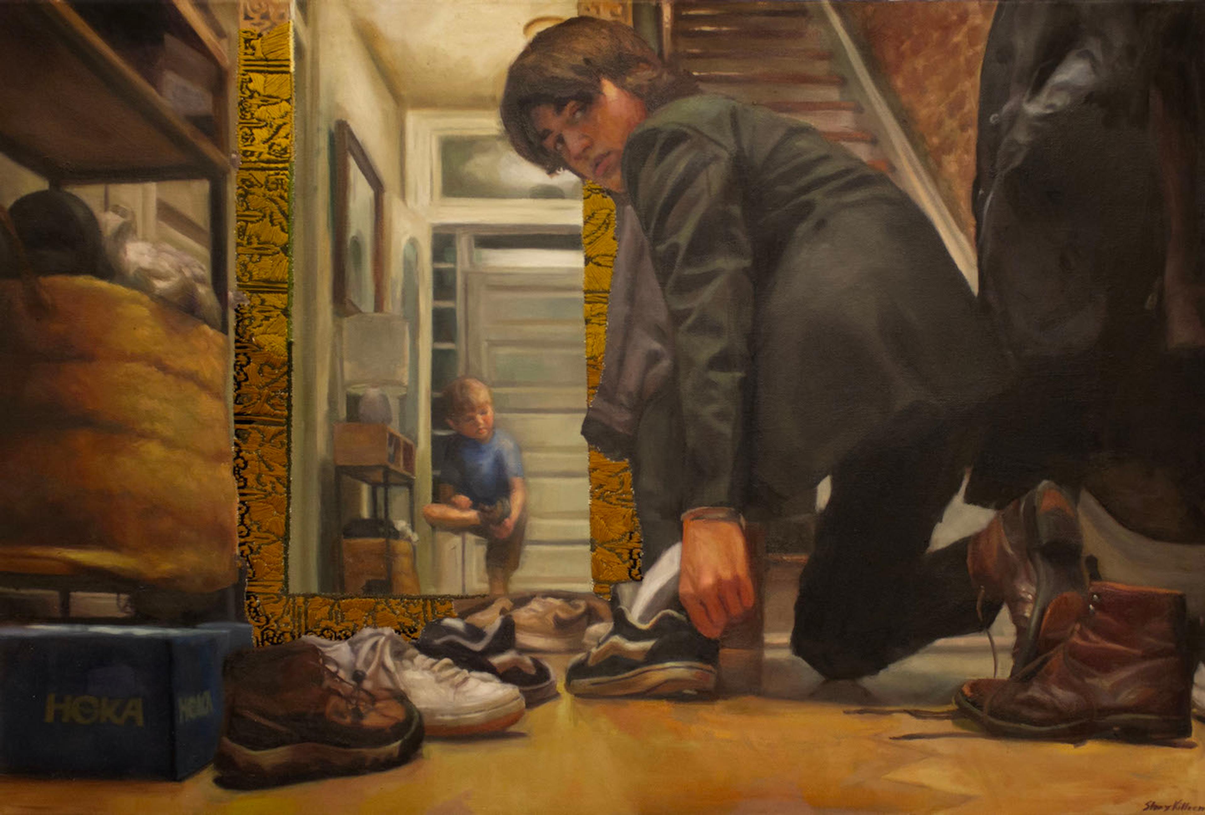 Oil on canvas and embroidery representational painting of a narrow corridor inside the entrance to a home, illustrated in one- point perspective with eye level set on the floor. A white boy in the forground crouches with his right knee touching the floor and his back turned toward the viewer, but his head is turned to the left and he looks over his shoulder directly at the viewer. He has dark hair and wears what appears to be a dark suit. His left foot touches the floor, and he is either putting on or removing a blue sneaker shoe. A tall standing mirror on the floor to his left shows the reflection of a small white boy with blond hair in the distance, wearing a blue t- shirt and gray shorts. He also appears to be either putting on or removing shoes. A white door is shown behind him. To the right of the older boy in the foreground, a staircase rises up to the second floor.