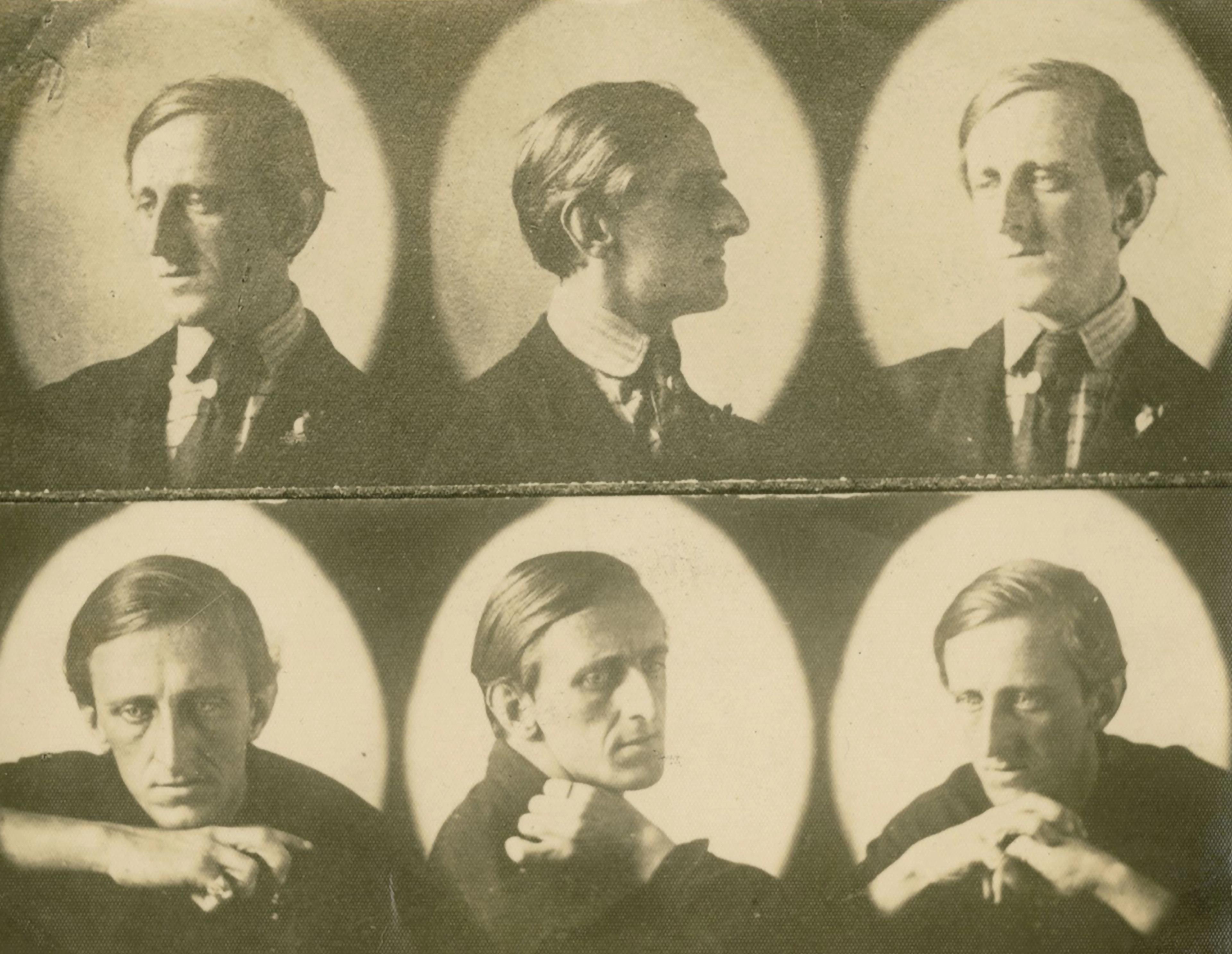 Contact sheet with six oval-framed portraits of a young man.