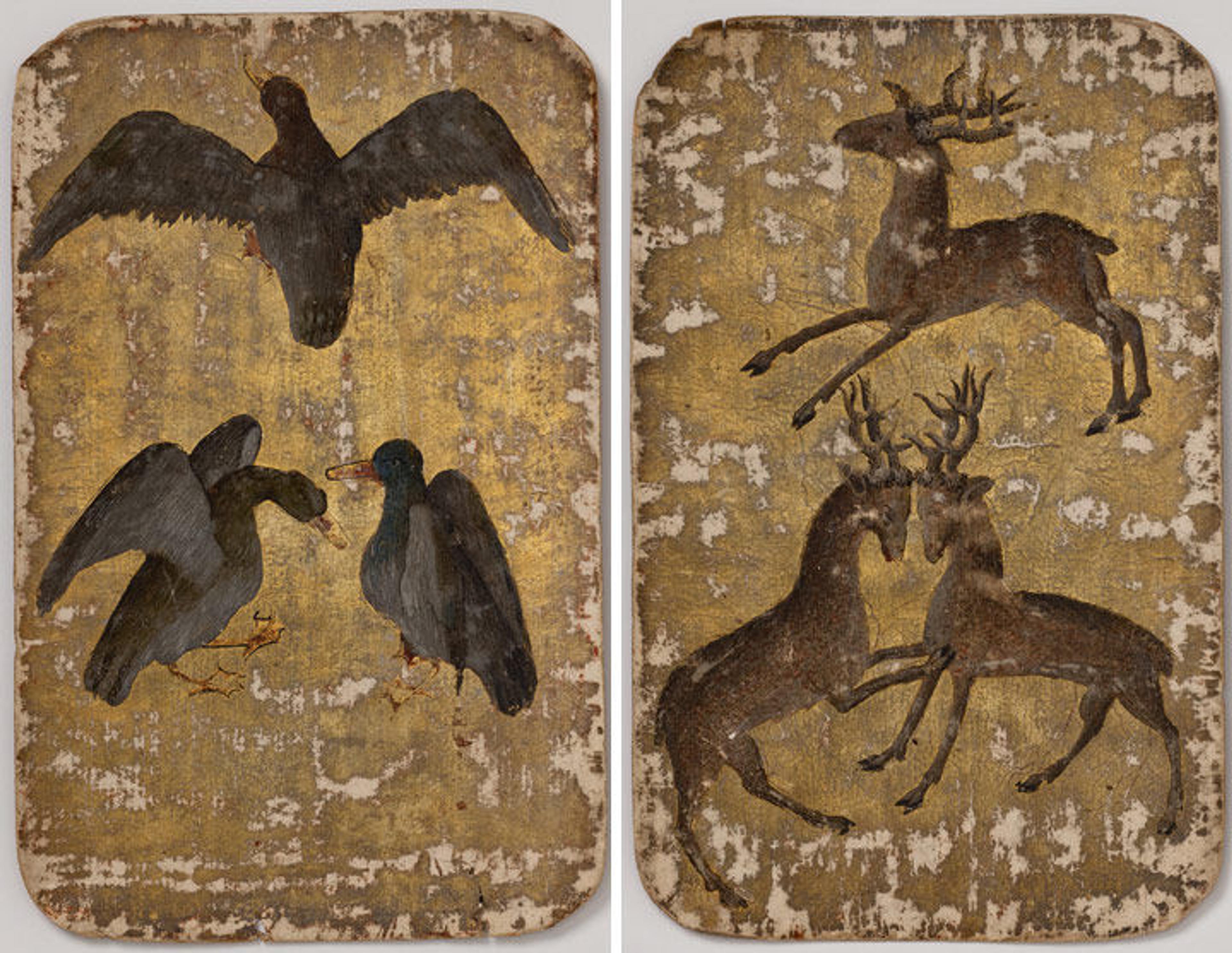 Left: 3 of Ducks, from The Stuttgart Playing Cards, ca. 1430. Made in Upper Rhineland, Germany. Paper (six layers in pasteboard) with gold ground and opaque paint over pen and ink; 7 1/2 x 4 3/4 in. (19.1 x 12.1 cm). Landesmuseum Württemberg, Stuttgart. Right: On this card, the etched lines had raised forelegs, but the painter chose to lower them. 3 of Stags, from The Stuttgart Playing Cards, ca. 1430. Made in Upper Rhineland, Germany. Paper (six layers in pasteboard) with gold ground and opaque paint over pen and ink; 7 1/2 x 4 3/4 in. (19.1 x 12.1 cm). Landesmuseum Württemberg, Stuttgart