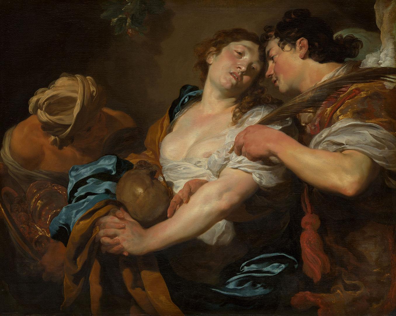 A painting of the Mary Magdalen rejecting a dark skinned man with a turban in favor of an angel holding on to her.