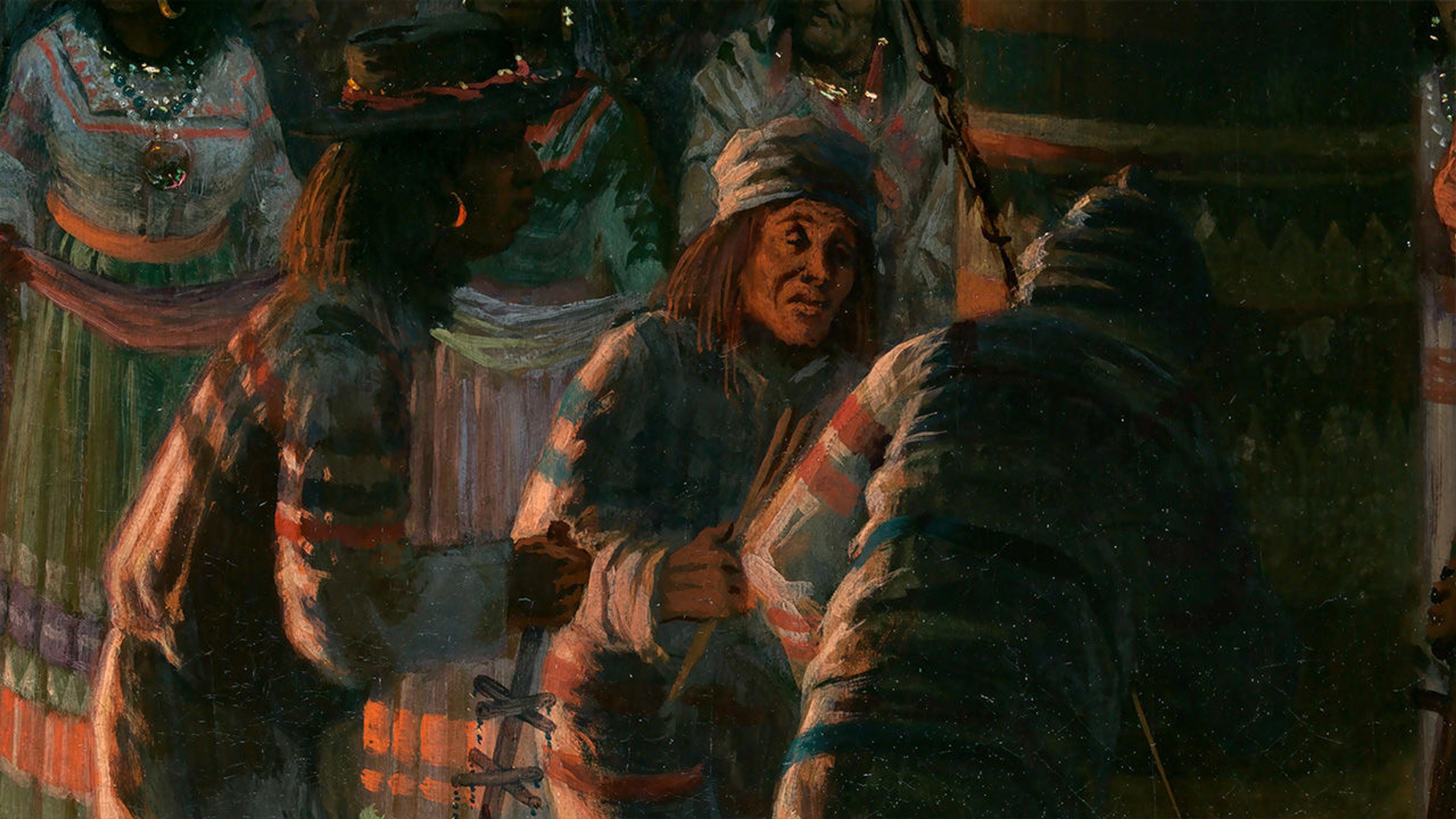 Painting of Elem Pomo tribe members gathered in a circle with dancers in the background
