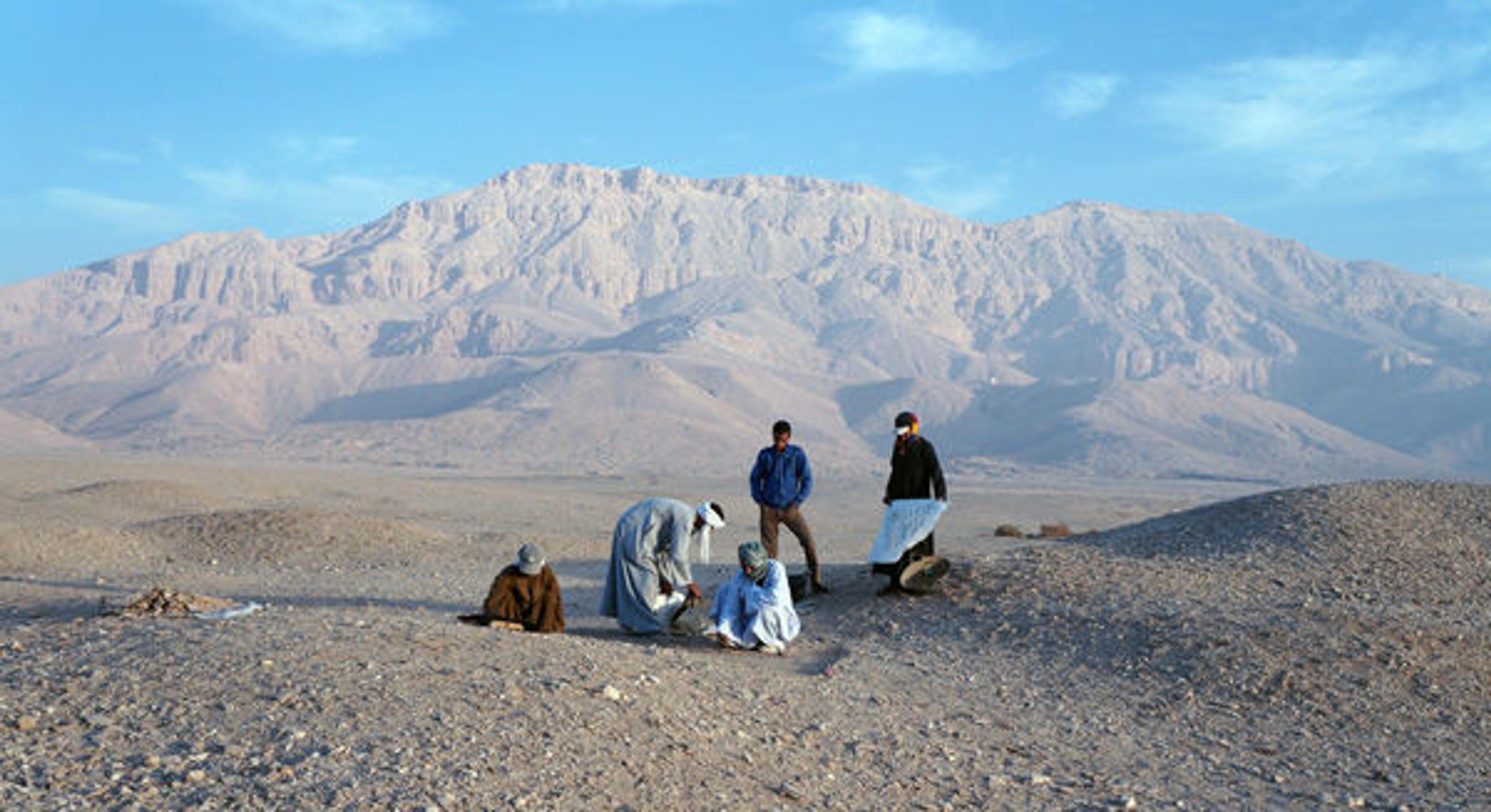 Five figures at work on an excavation site in the desert with mountains in the distance.
