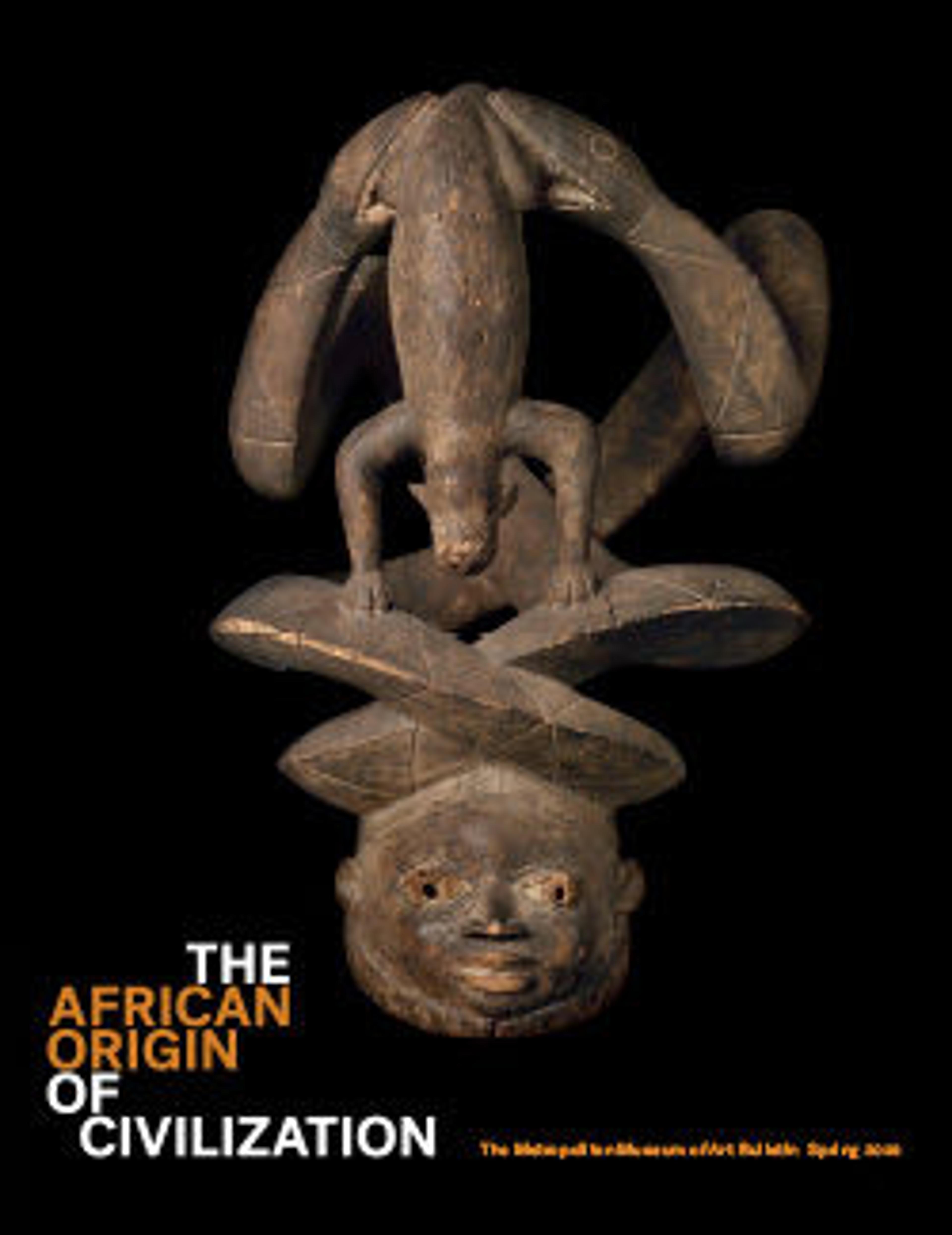 a wood sculpture features an animal (a pangolin) suspended between two serpents above a head; the name of the publication is below in white and red type