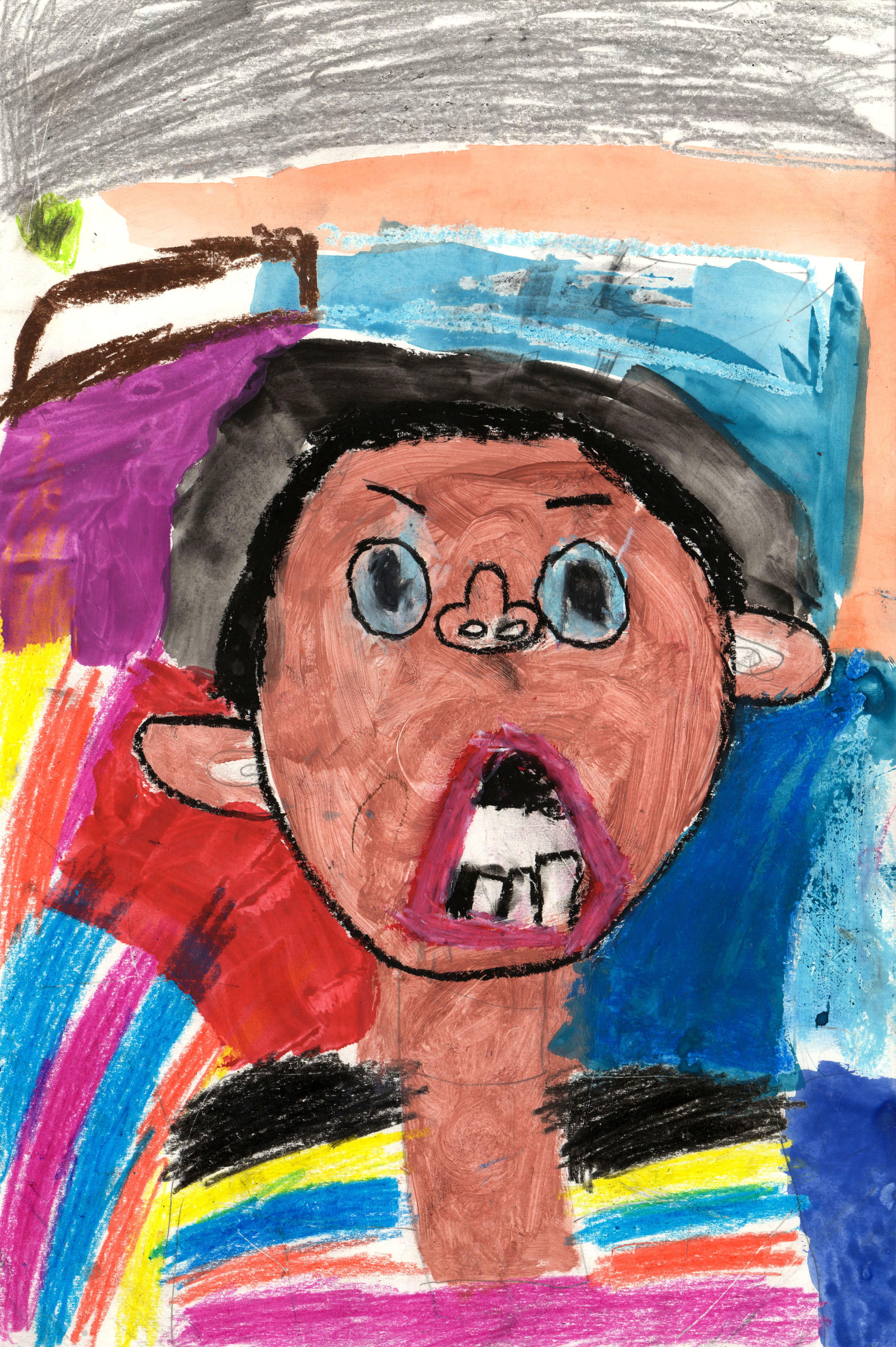 Mixed-media self-portrait of a young boy with light brown skin facing the viewer. He has thick black hair. His mouth is open and he has an open-mouthed, wide-eyed expression of shock on his face. His eyes are black with round blue irises, and thin black eyebrows. The left eyebrow is slightly downward. He wears a shirt with horizontal stripes colored black, yellow, blue, orange, and violet from top to bottom. The background behind him is awash in red to the left, blue to the right, violet and cyan above his head, with a light orange horizontal bar above and black pencil crosshatching at the very top. To his lower left is a vertical pattern of stripes colored blue, violet, blue, and orange from left to right.