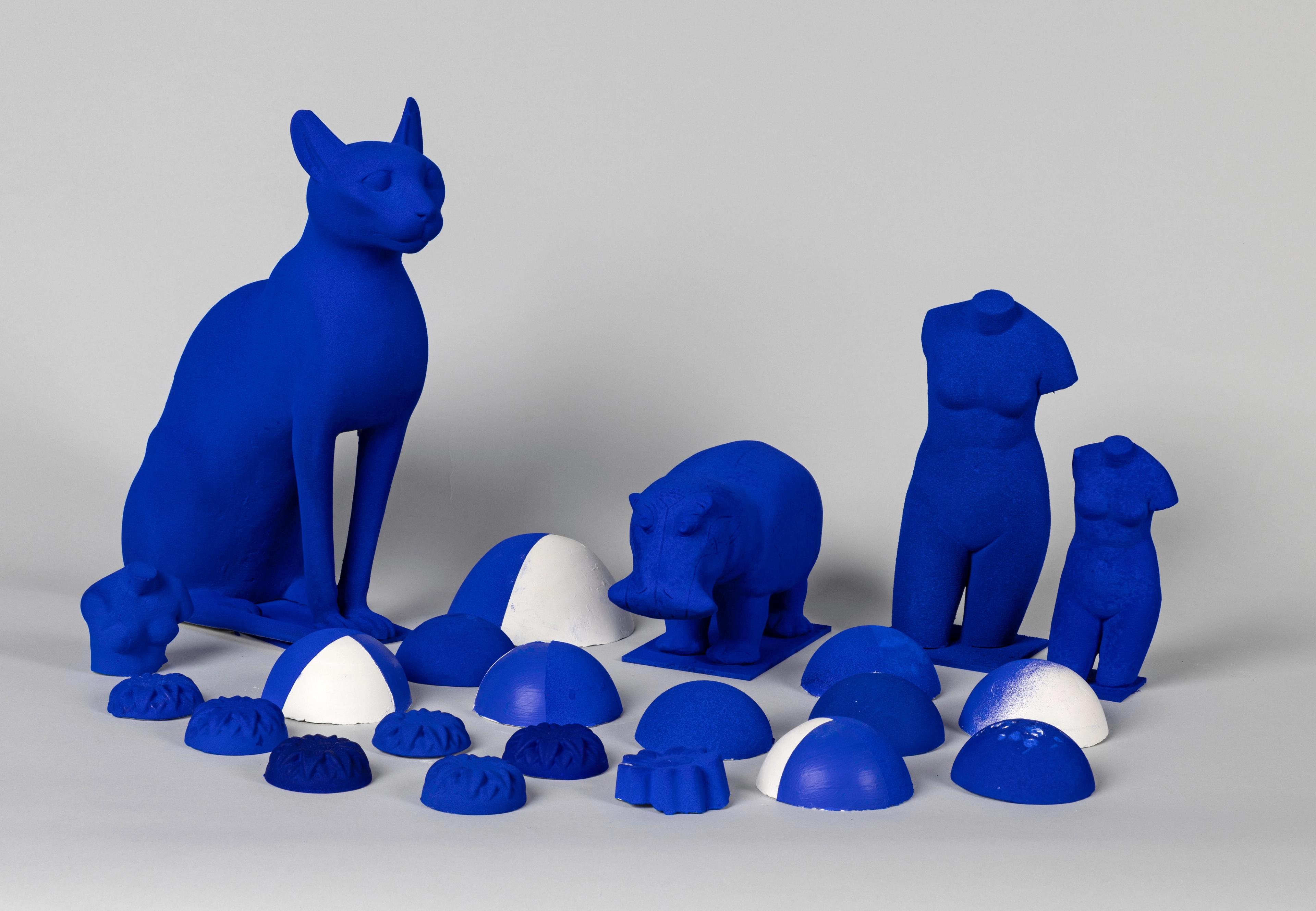 A variety of plaster mock-ups sprayed with various recipes of I.K.B.