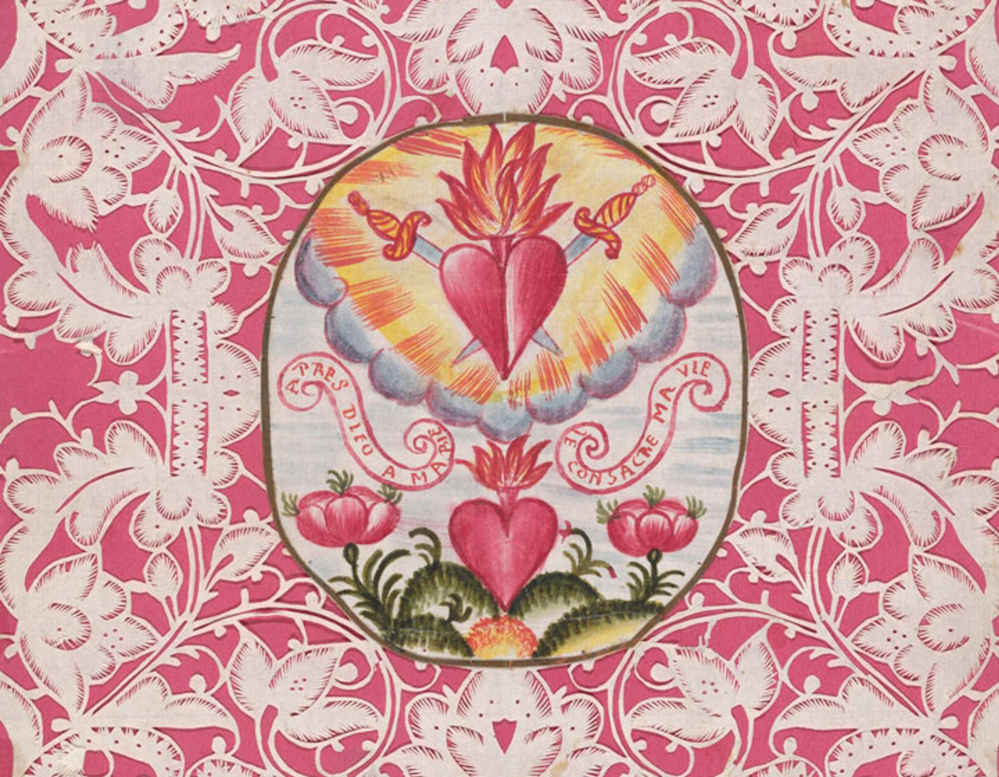 Detail of an 18th-century valentine with an image of hearts aflame