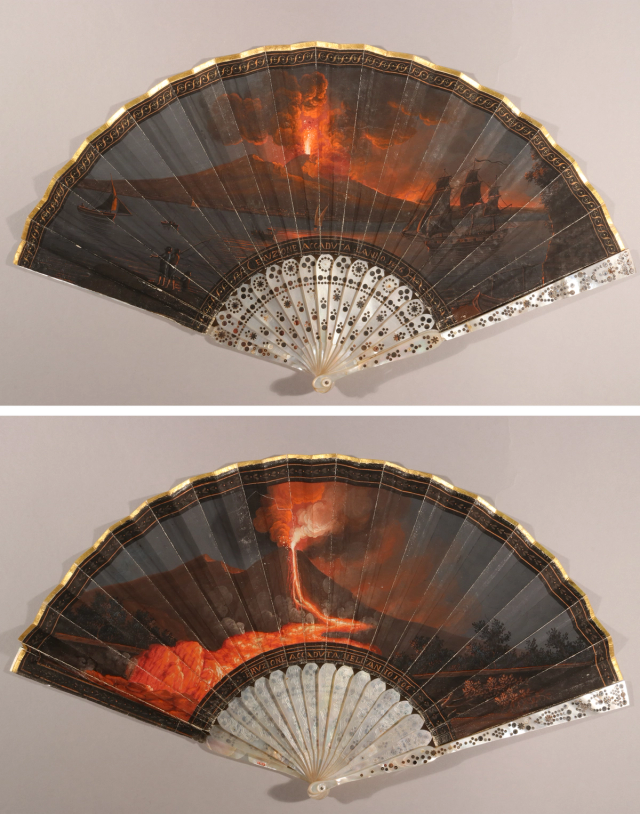 Recto and verso of a fan showing dark scenes of a volcanic eruption and lava flows.