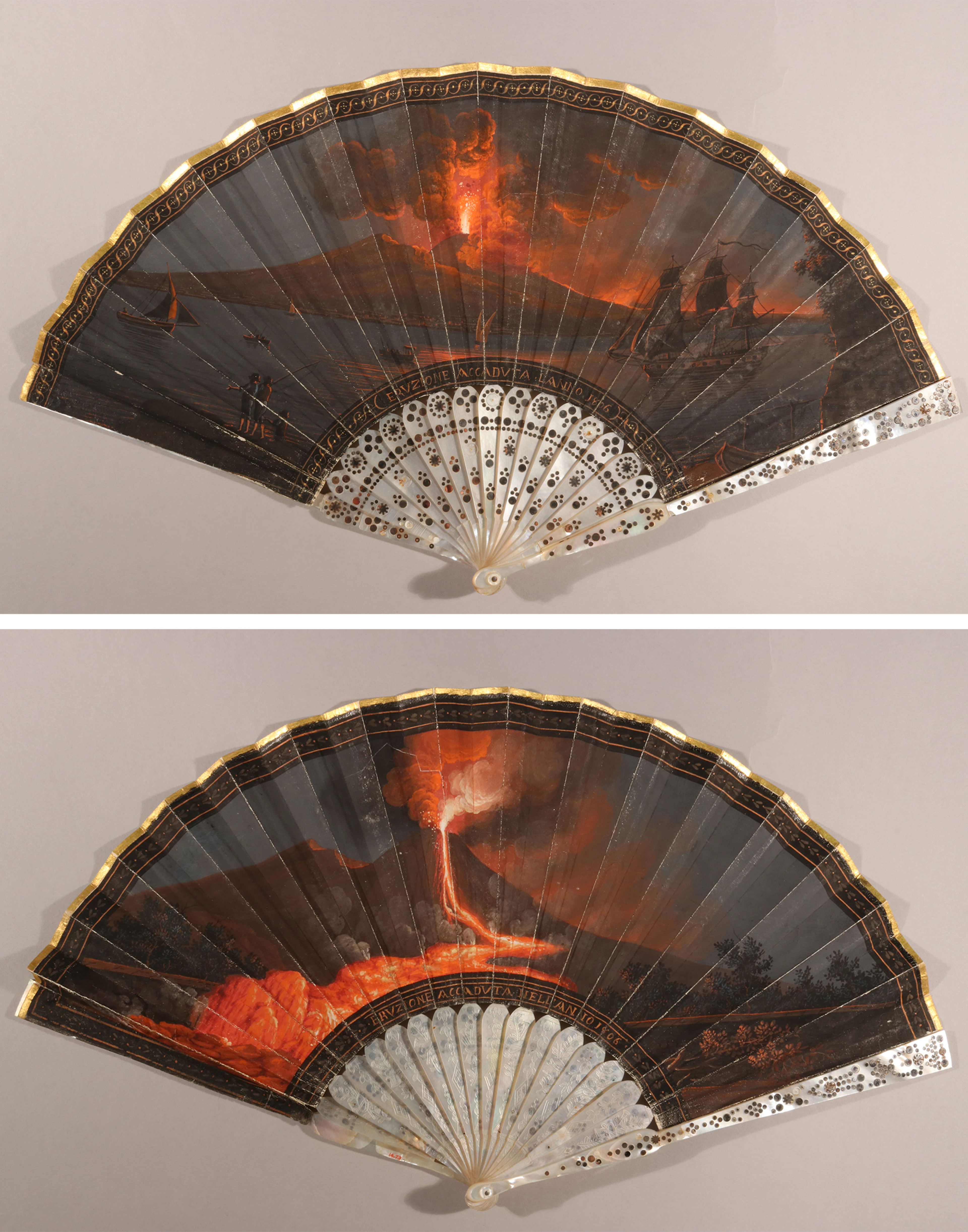 Recto and verso of a fan showing dark scenes of a volcanic eruption and lava flows.