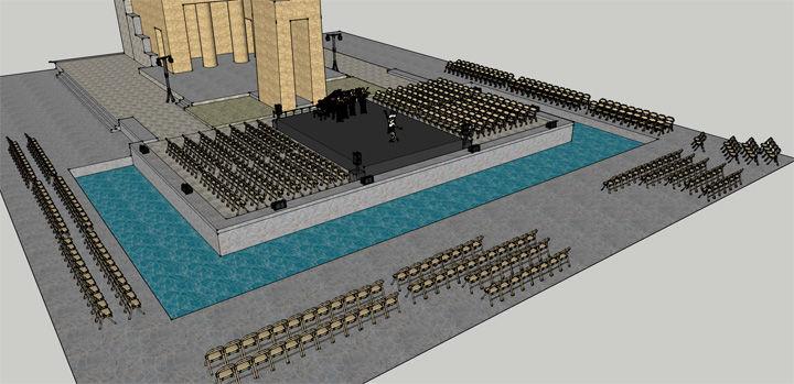 Digital rendering of The Temple of Dendur showing seating options for audience members and a 26-person choir