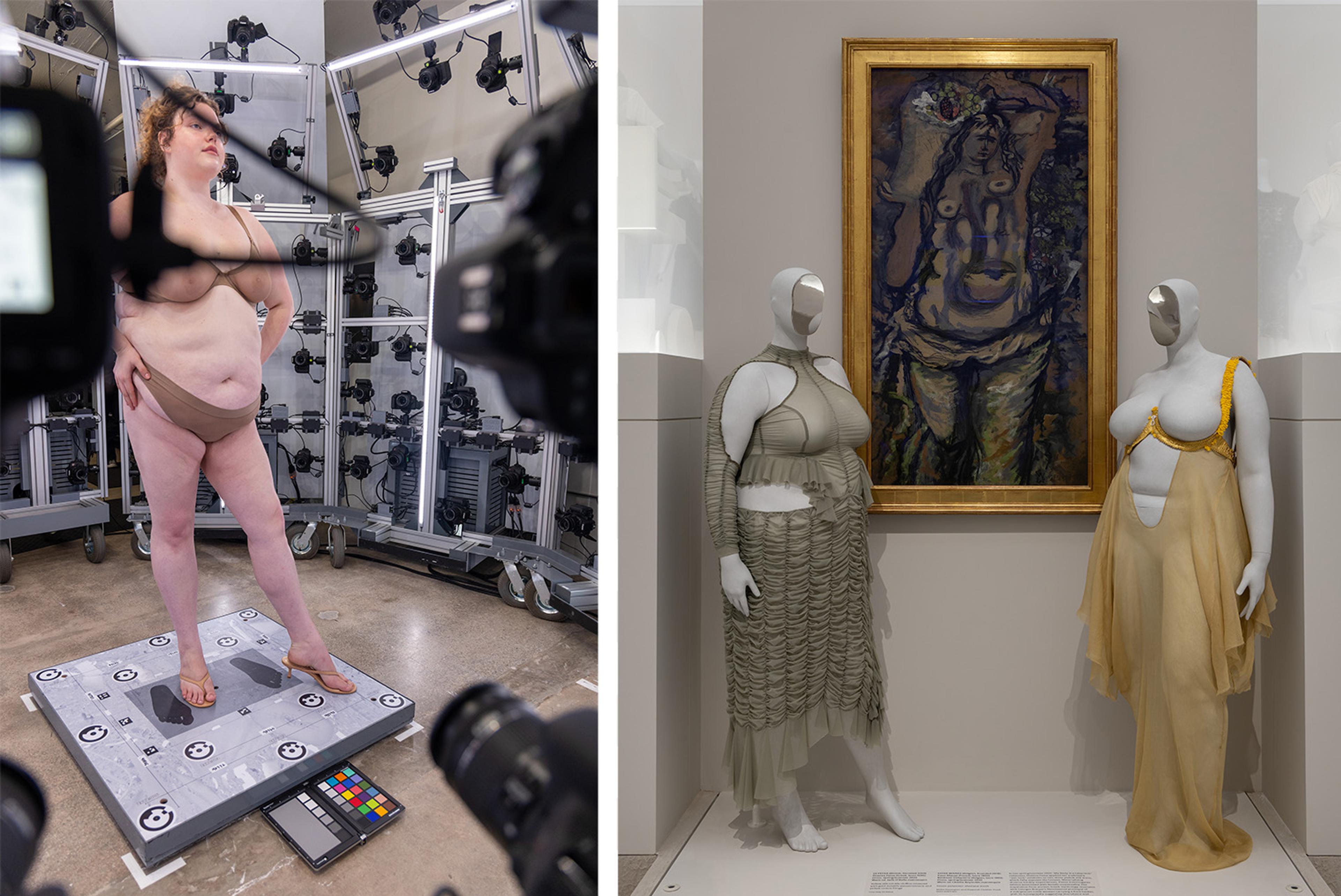 Split image: a woman poses in a motion-capture studio amid cameras and sensors; mannequins display historic garments beside a framed artwork.