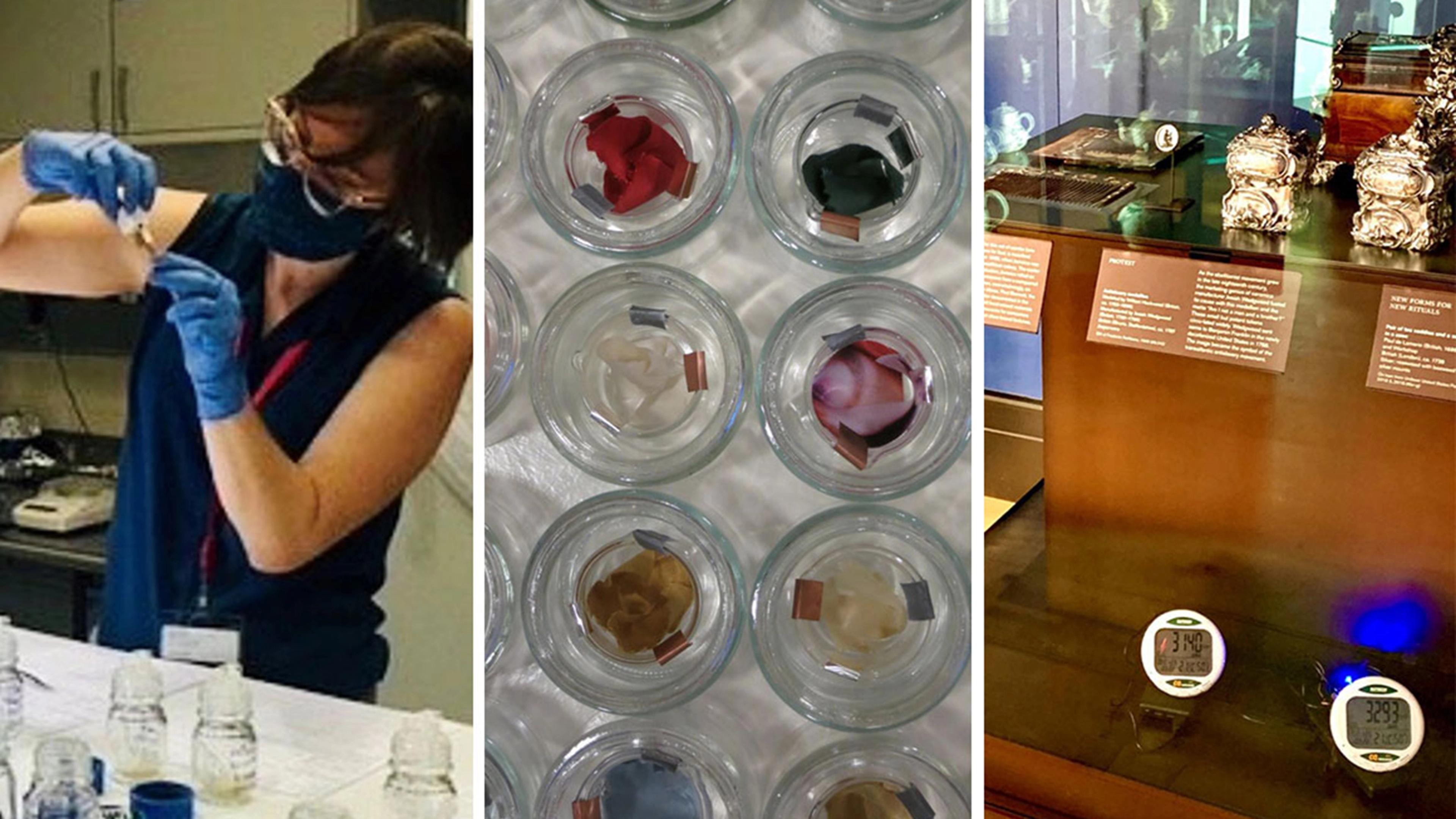 Triptych showing a scientist at work, small glasses with colored contents, and a vitrine display.
