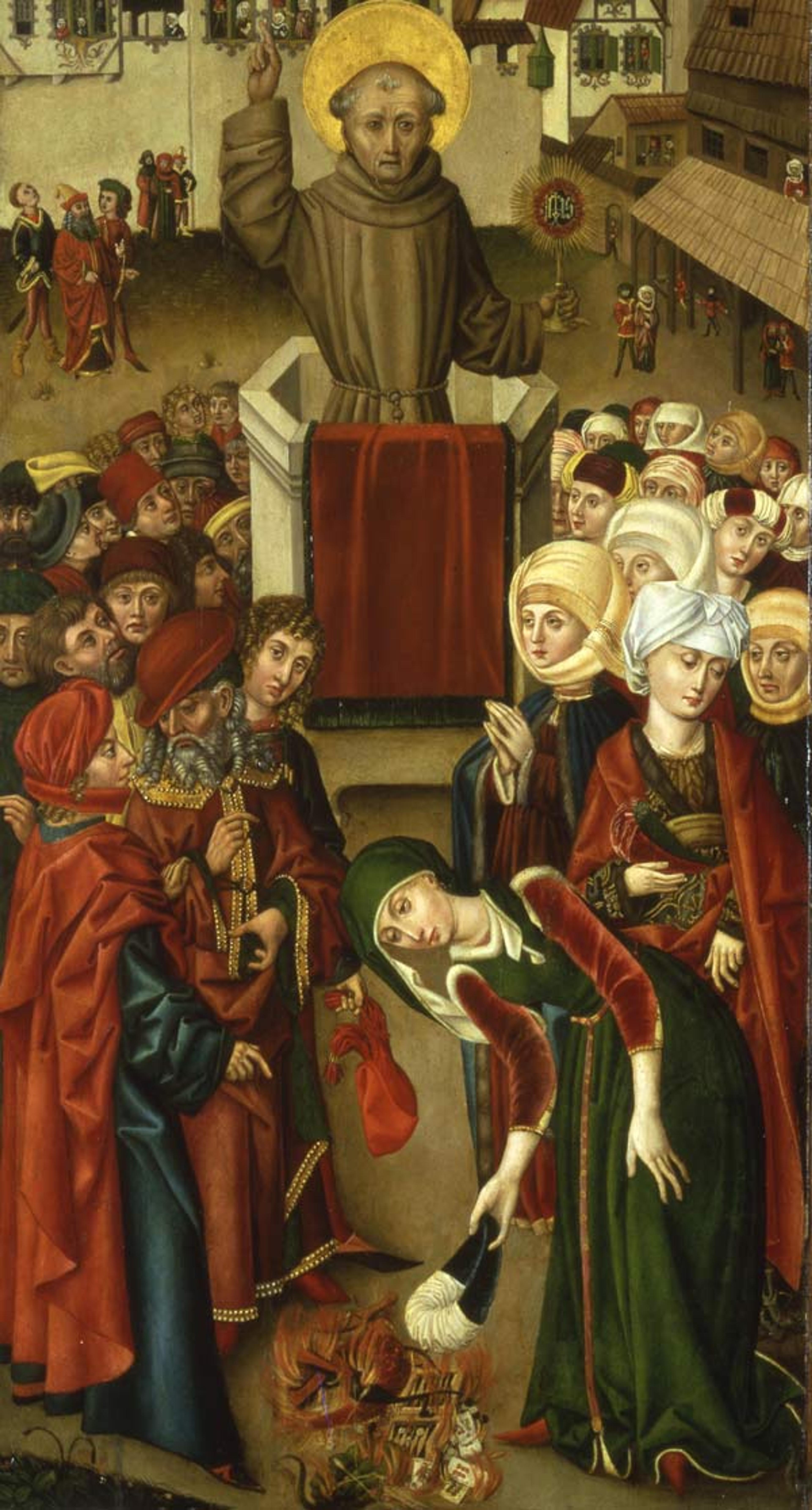 Anonymous Master. Saint John of Capistrano Exhorts his Adherents to Burn Cards and Gaming Boards in the Cathedral Square of Bamberg, 1470–74. German. Bamberg. Oil on panel. Historisches Museum, Bamberg