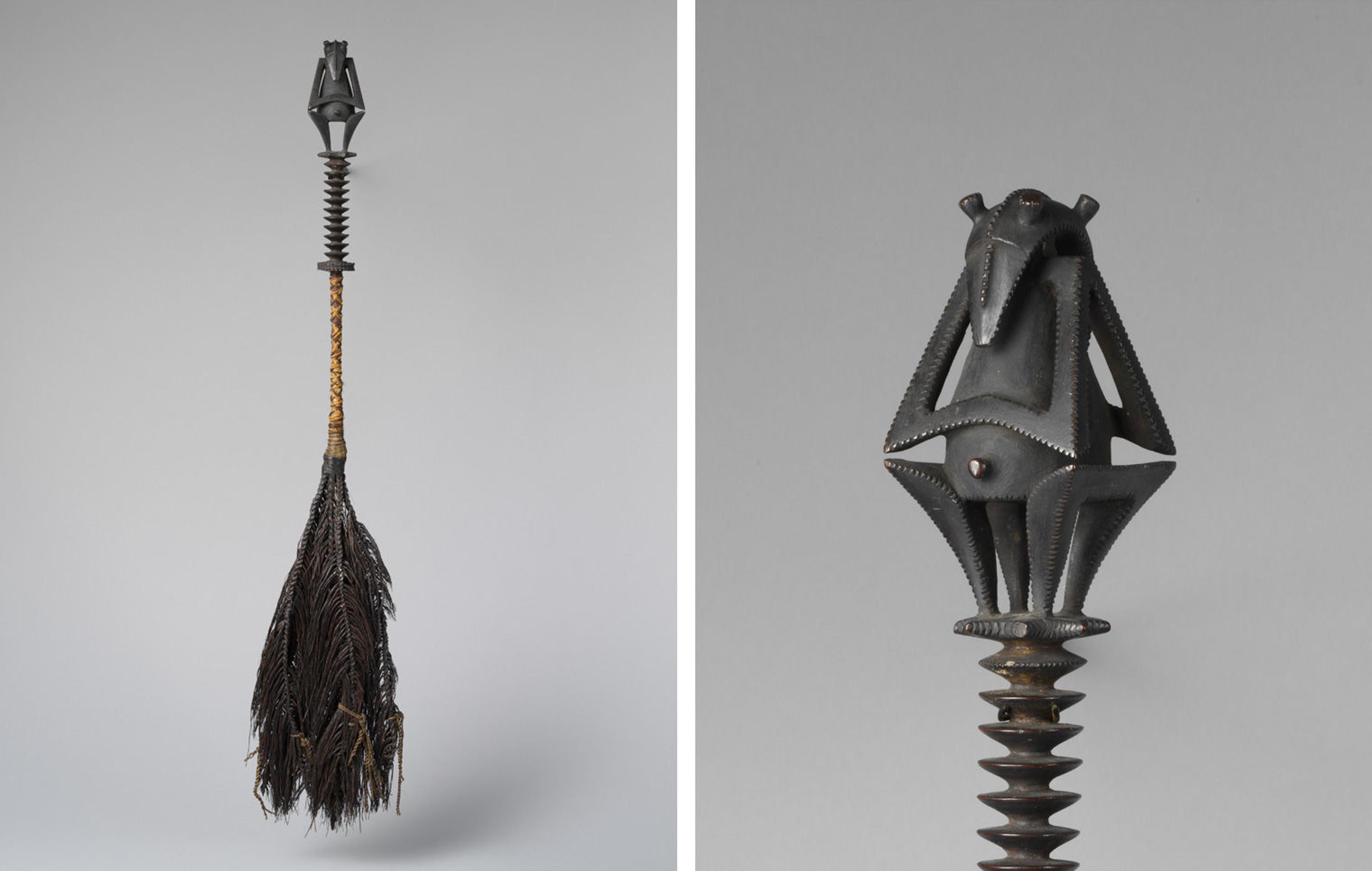 Two views of a flywhisk from the Austral Islands made of wood, coconut fiber, and human hair