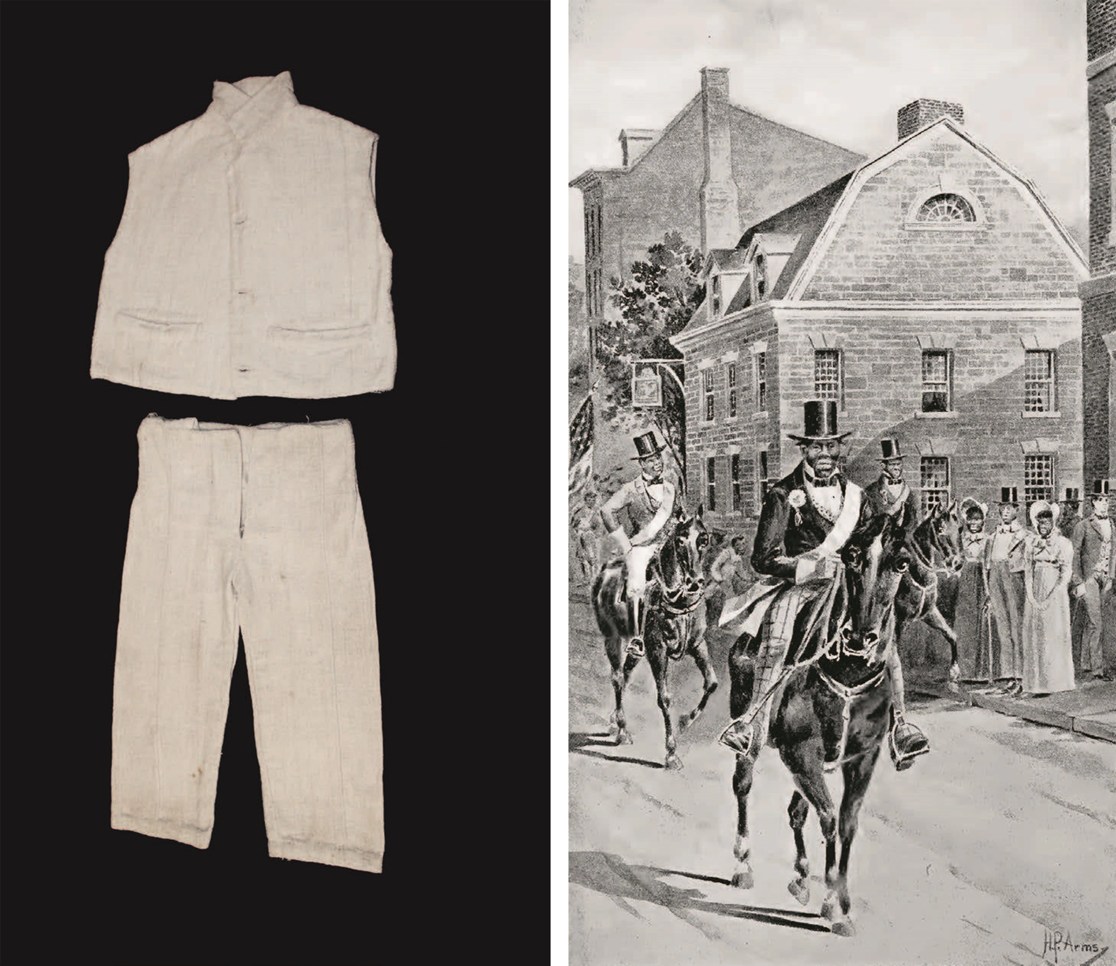 At left, a simple white garment, and at right, a parade of several figures on horses, with a small crowd on onlookers