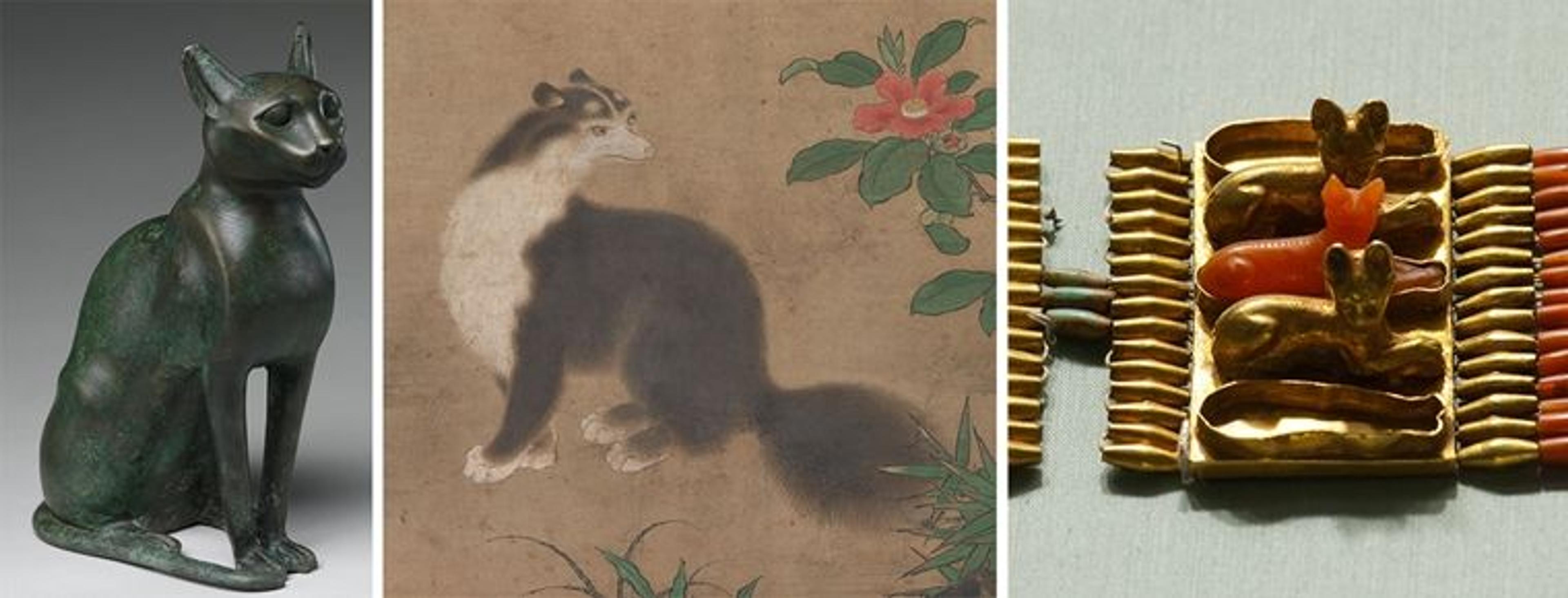 Three artworks in a grid, each depicting cats. Left: an Egyptian sculpture of a cat. Center: a Japanese scroll painting of a cat: Right: a gold-beaded bracelet with cat sculptures on it.