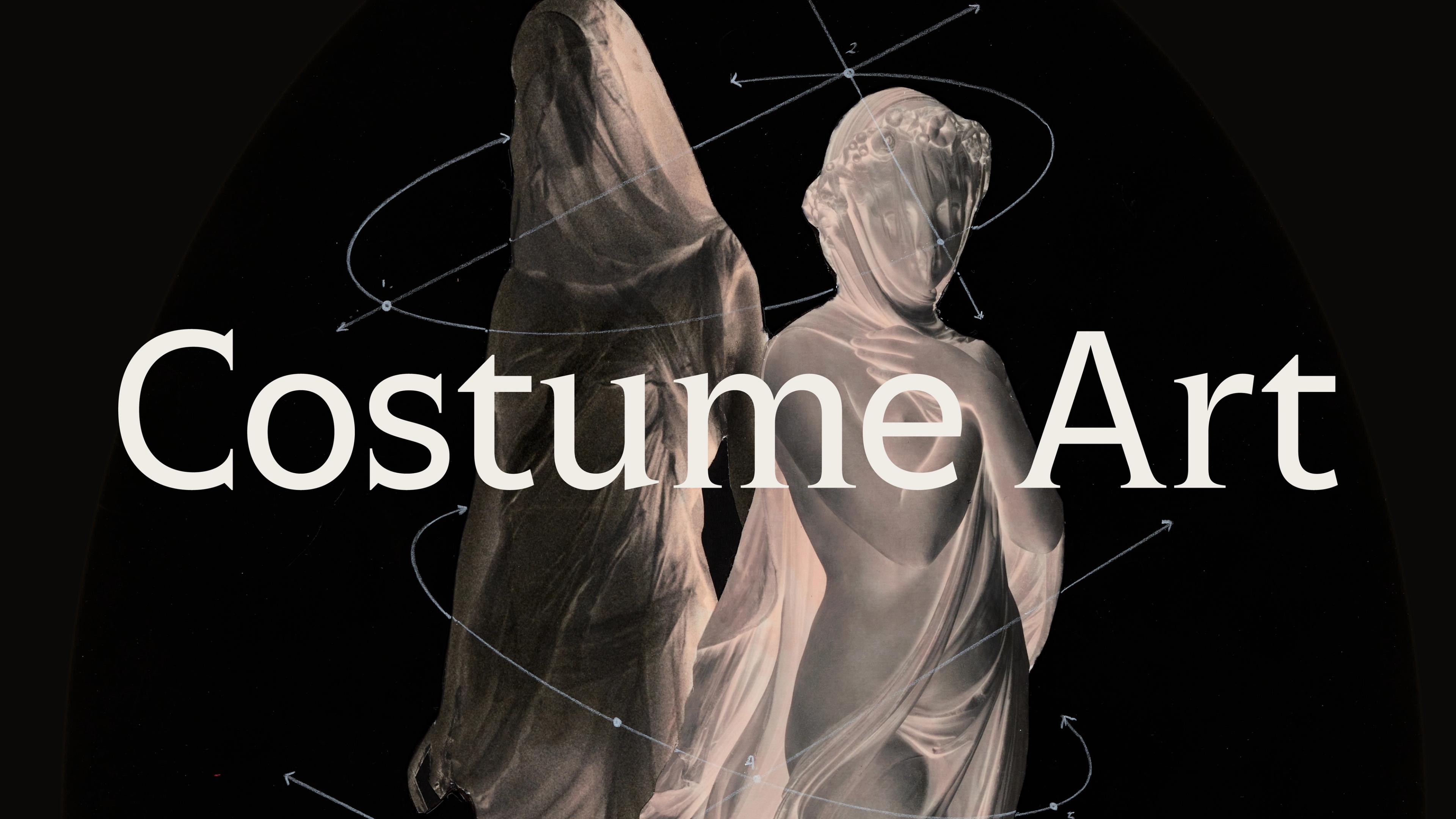 Two statues draped in translucent veils against a dark background with swirling lines. Bold text reads 'Costume Art'