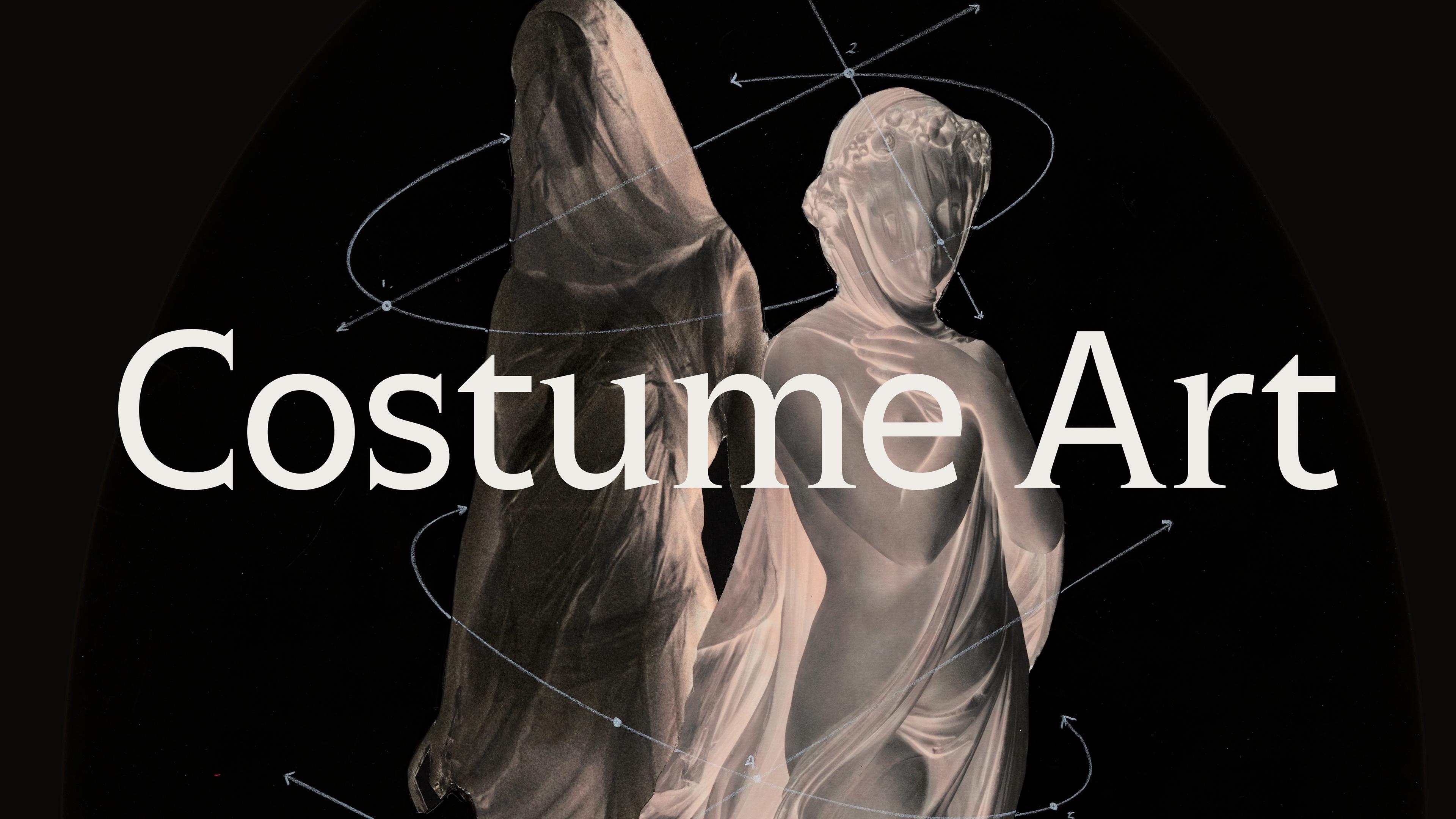 Two statues draped in translucent veils against a dark background with swirling lines. Bold text reads 'Costume Art'