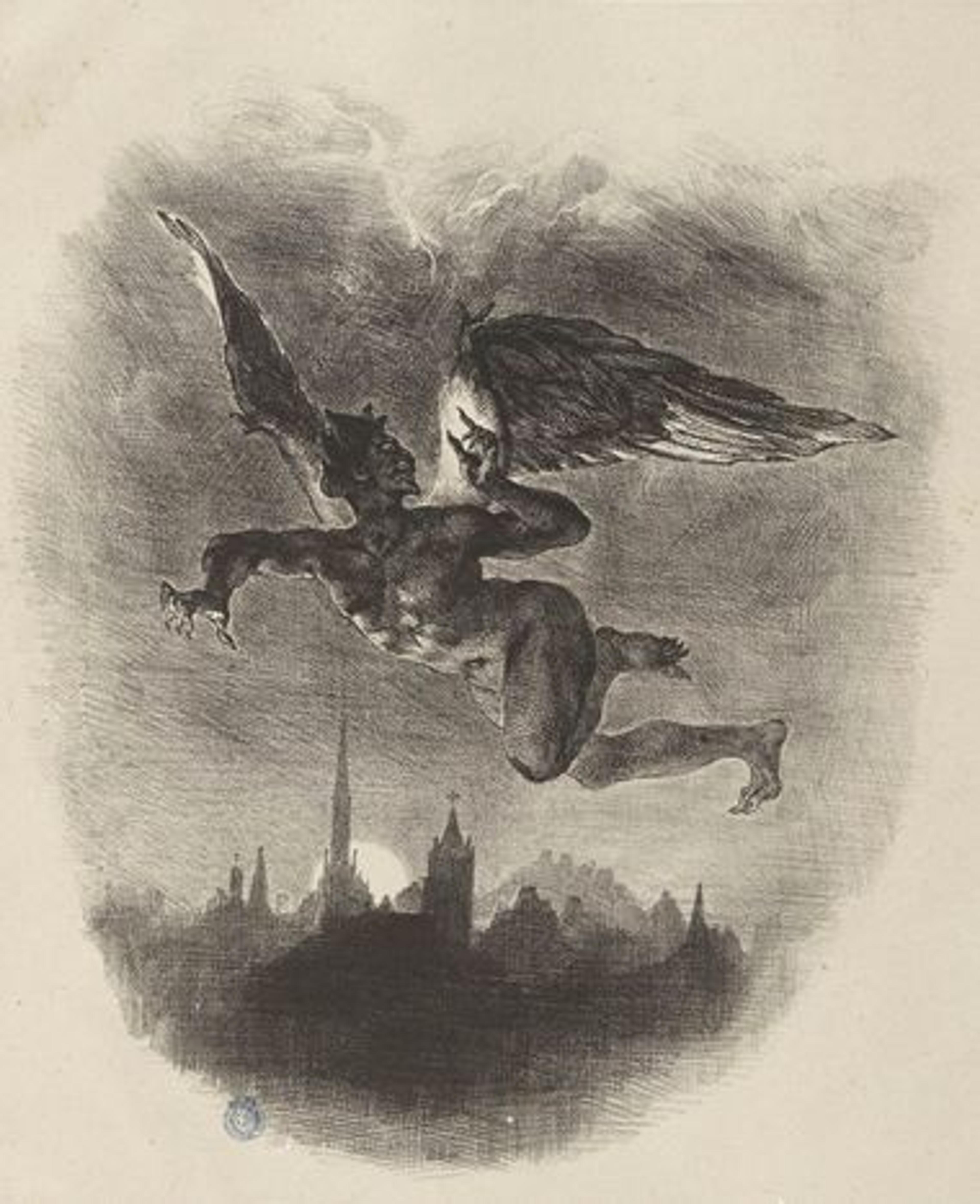 Delacroix lithograph depicting Mephistopheles in a scene from Goethe's "Faust" 