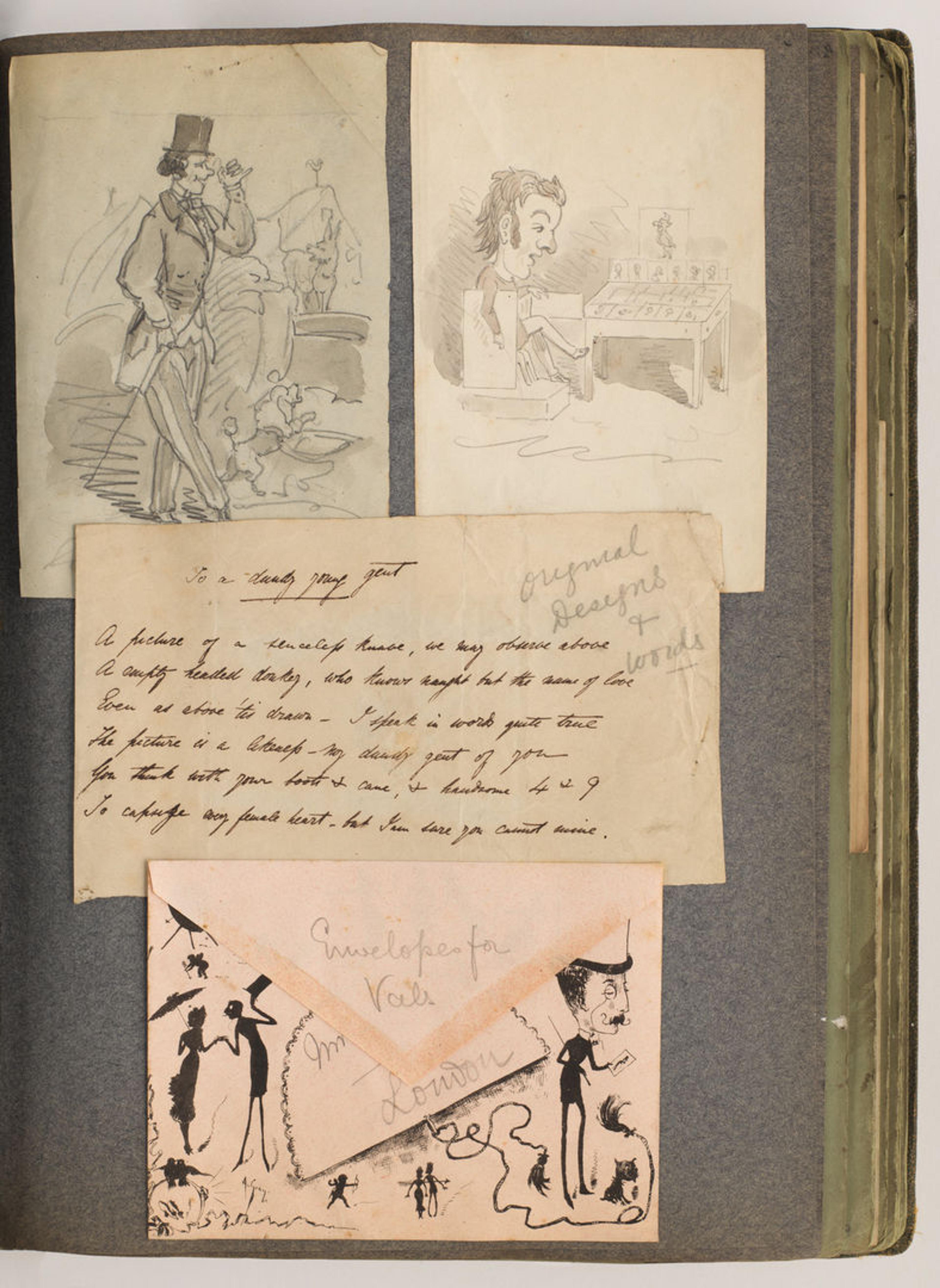 Album page with four sheets of ink and graphite Valentine drawings.