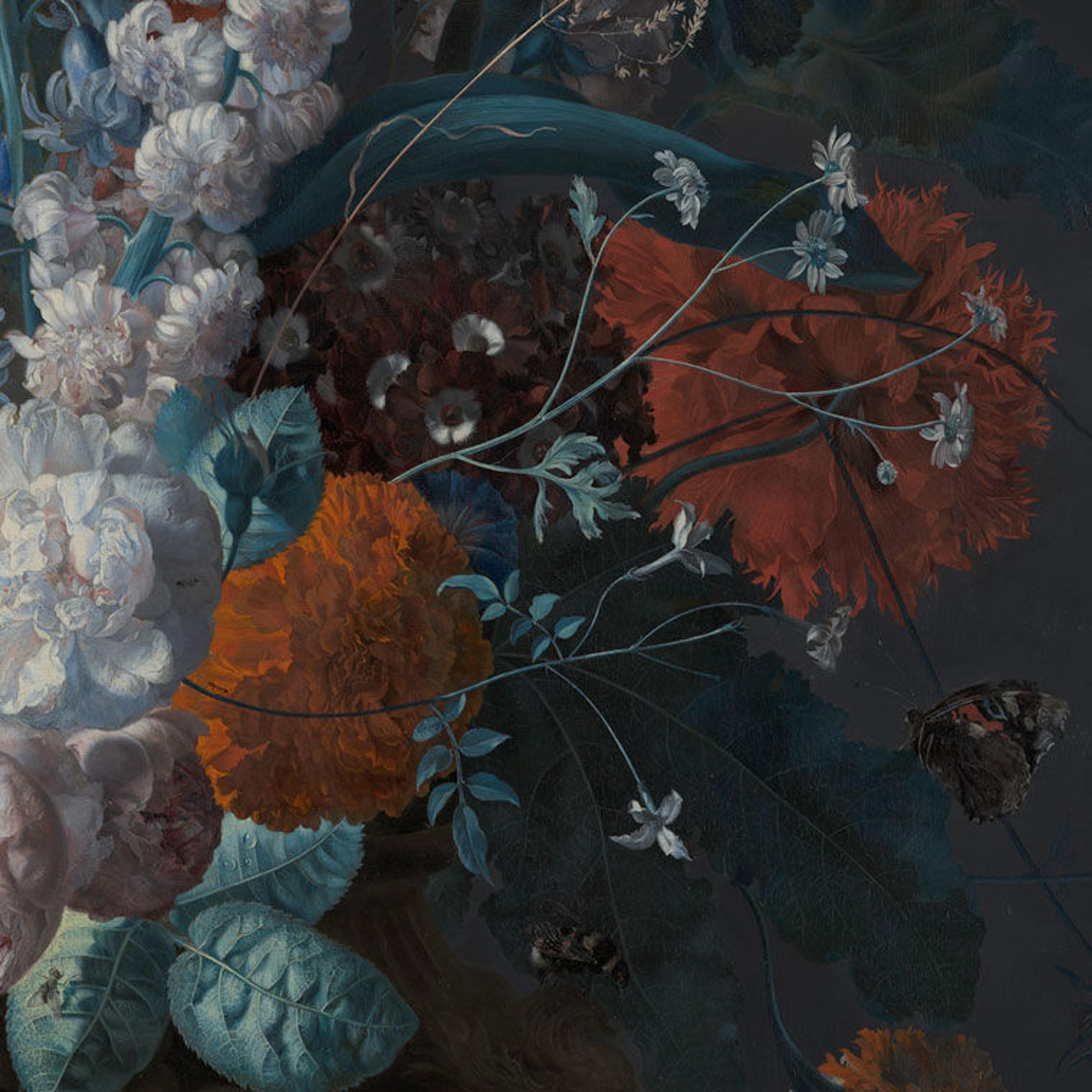 Detail view of flowers and a butterfly in Margareta Haverman's "A Vase of Flowers"