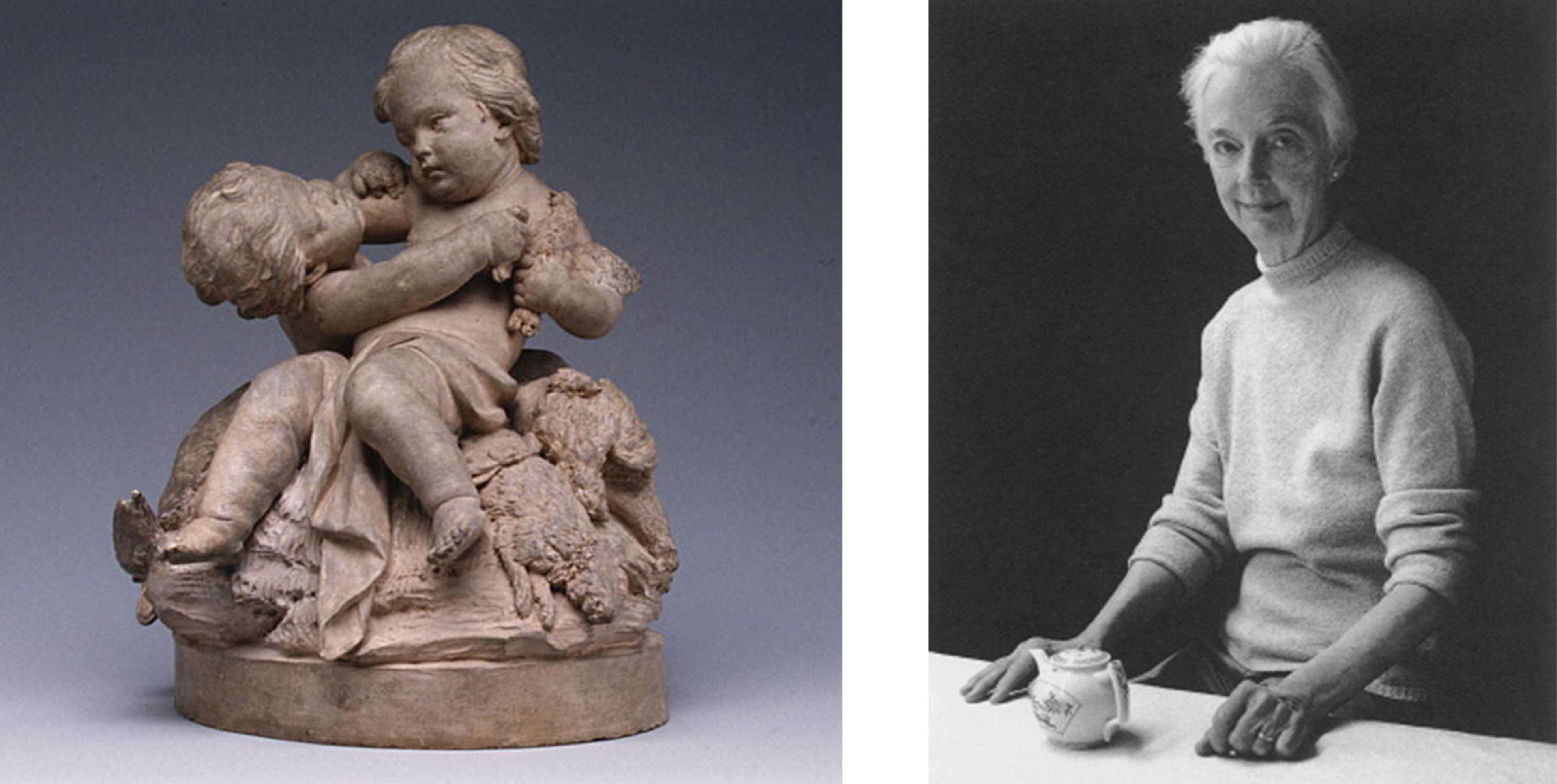 Composite image, left: sculpture of two babies on top of animals, Right: Black and white photograph of woman in a turtleneck