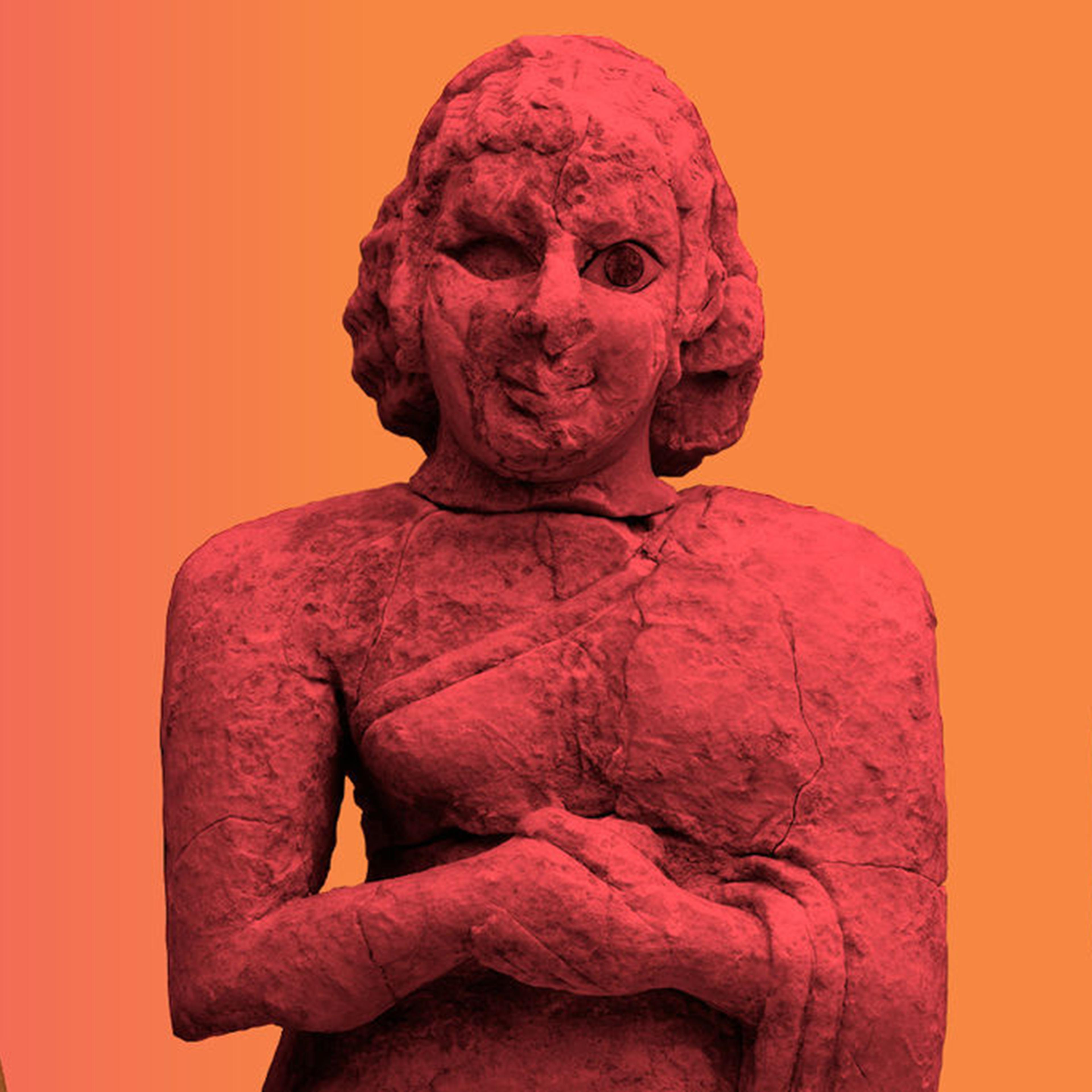 Pink and orange gradient background with stone human and anthropomorphic figures' torsos