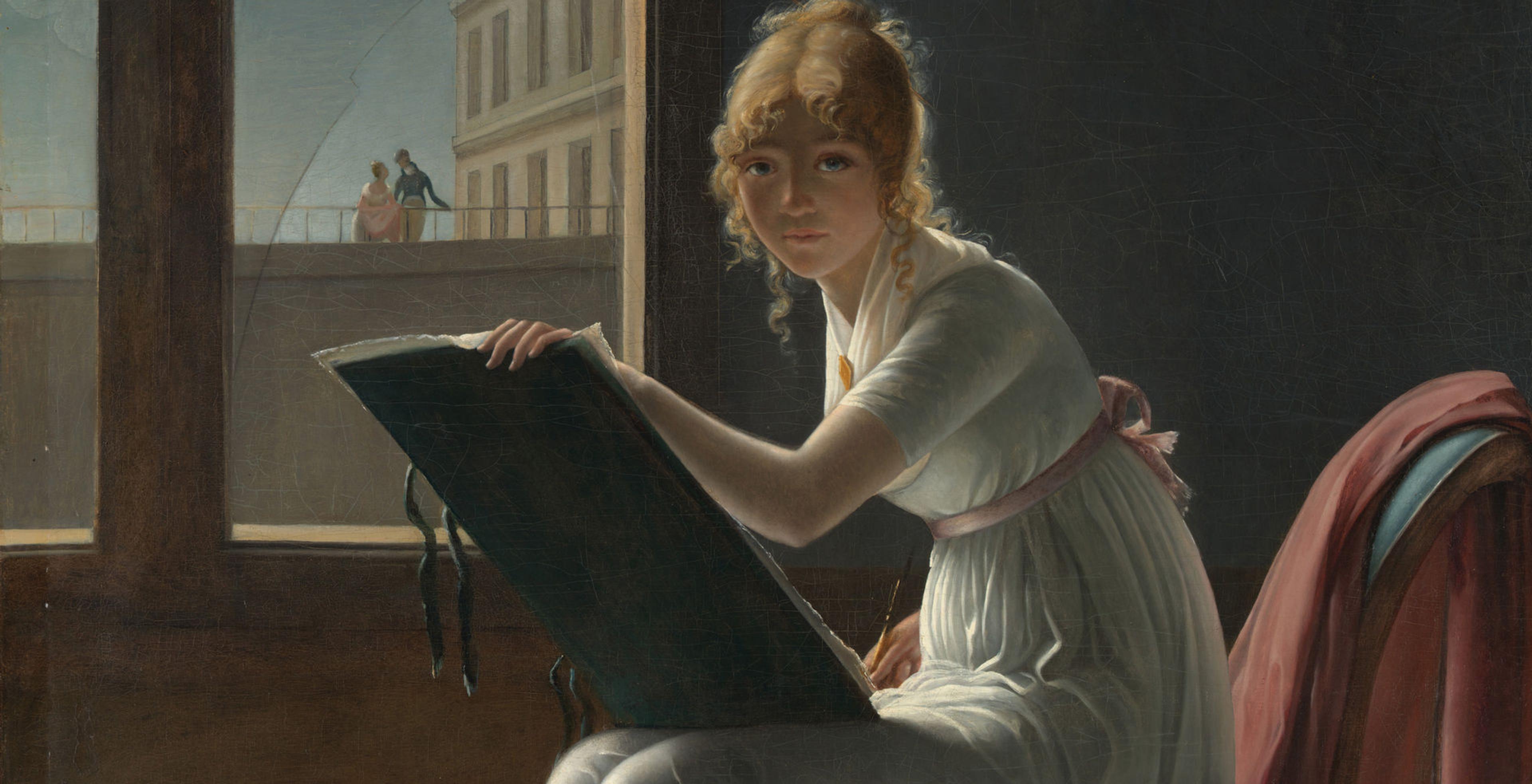 Detail of Marie Denise Villers’s portrait of a young woman artist seated and sketching at her easel.
