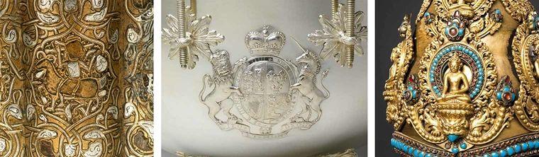 Three examples of repousséed metal from various cultures, depicting animals, royal crests, and buddhas made from gold and silver.