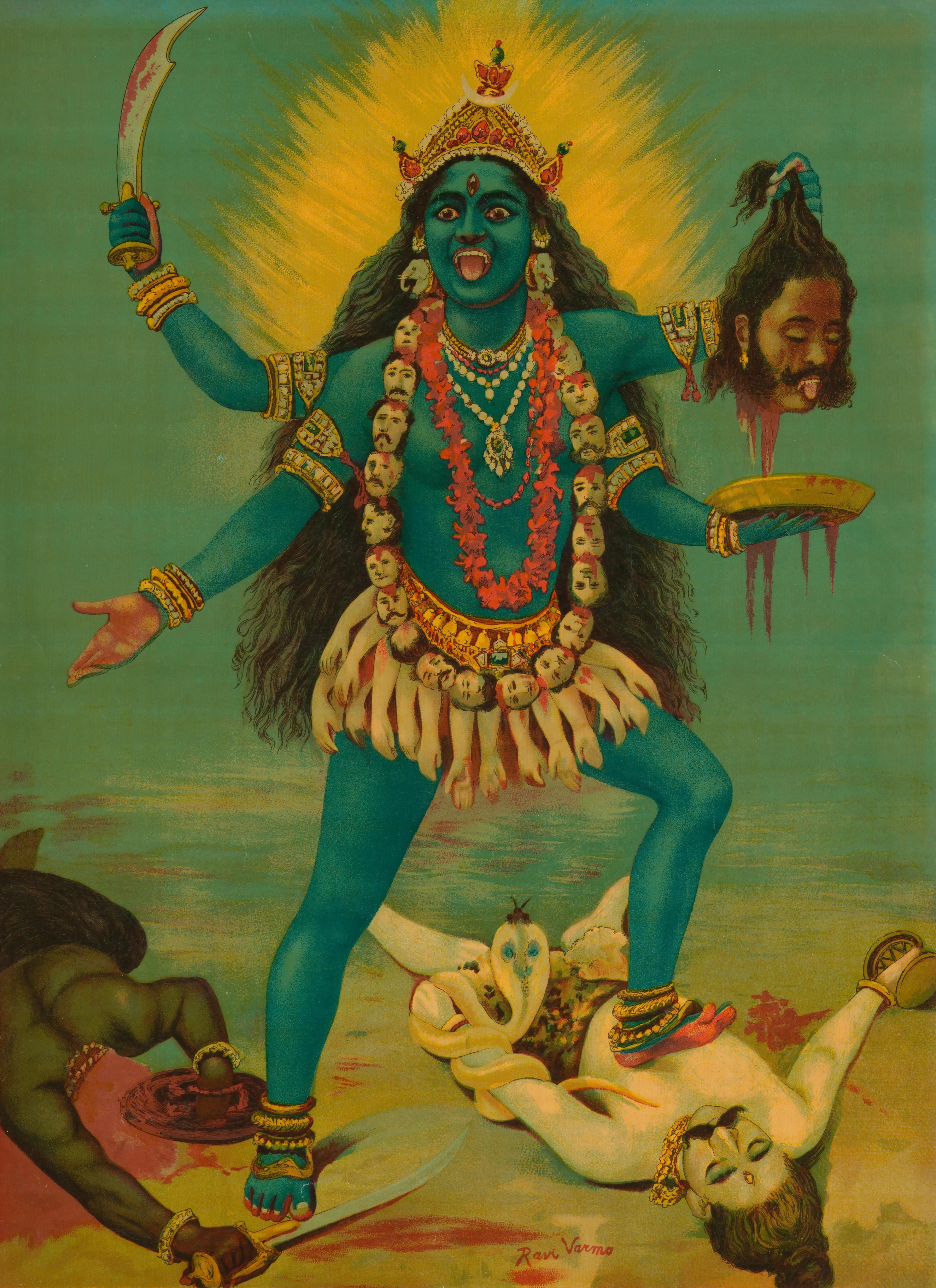Female figure with long, dark hair and blue skin stands assertively, eyes wide and tongue out. Her multiple arms hold a sword and severed head, and she wears a necklace and belt of body parts.