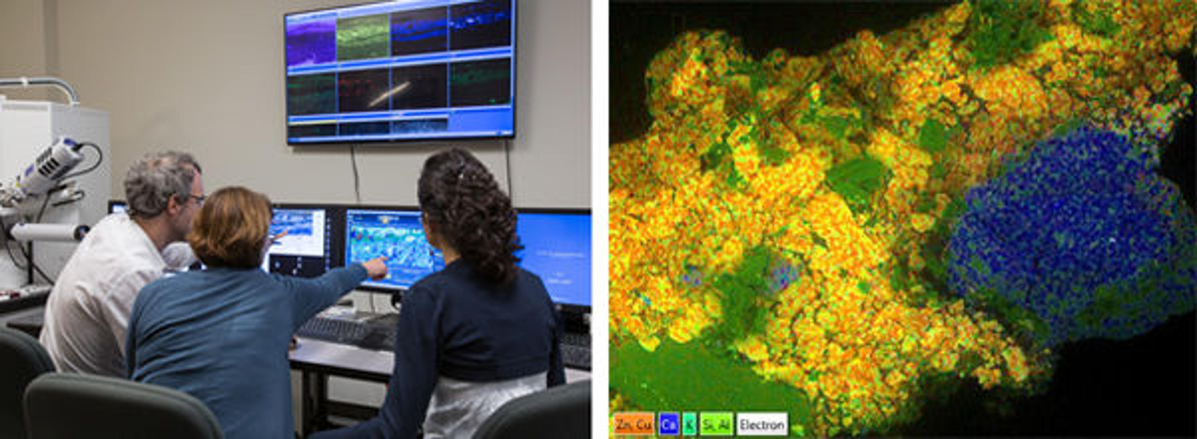 Left: Scientists looking at a computer screen. Right: Composite X-ray map of a portion of a paint sample