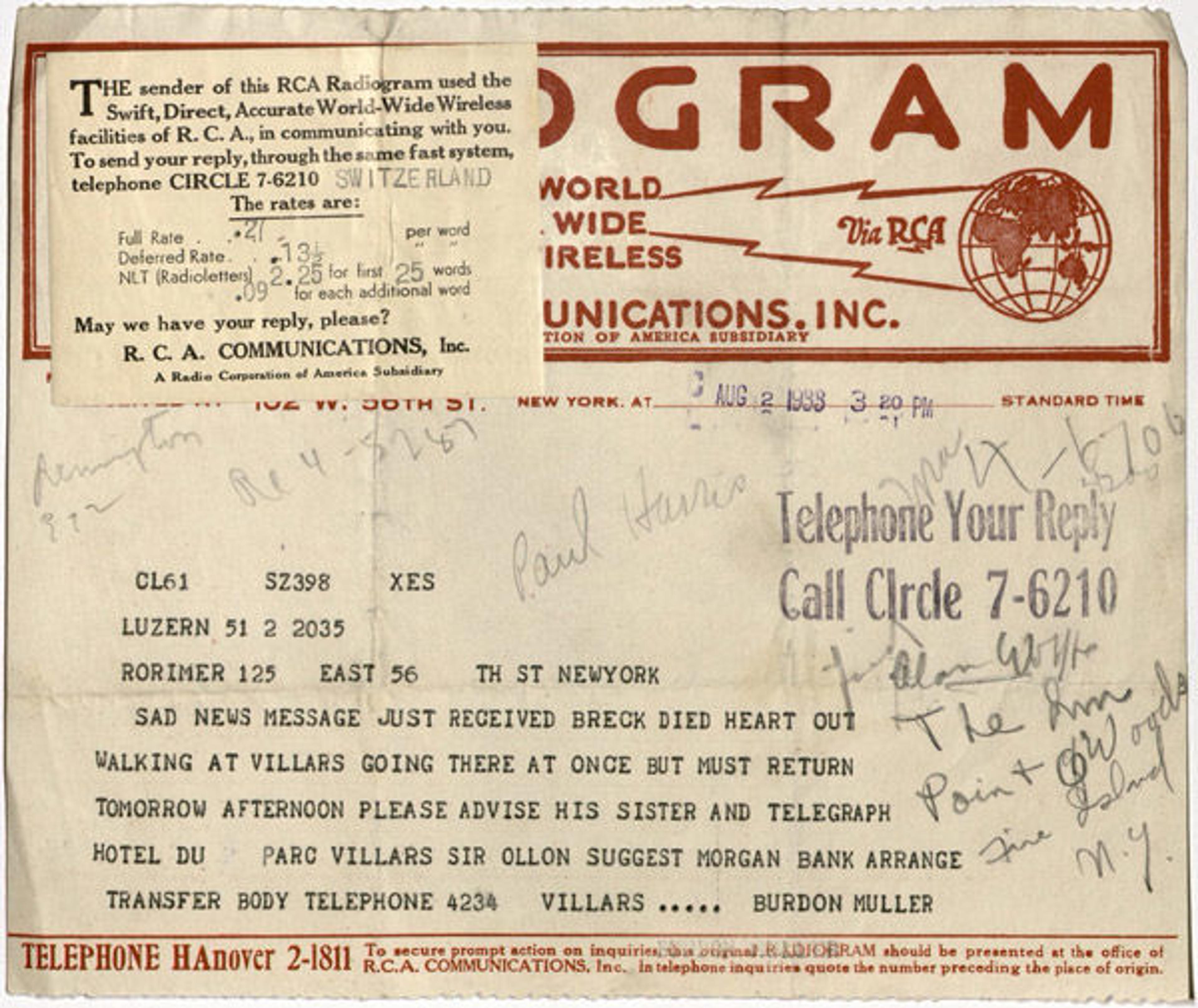 Telegram announcing Breck's death
