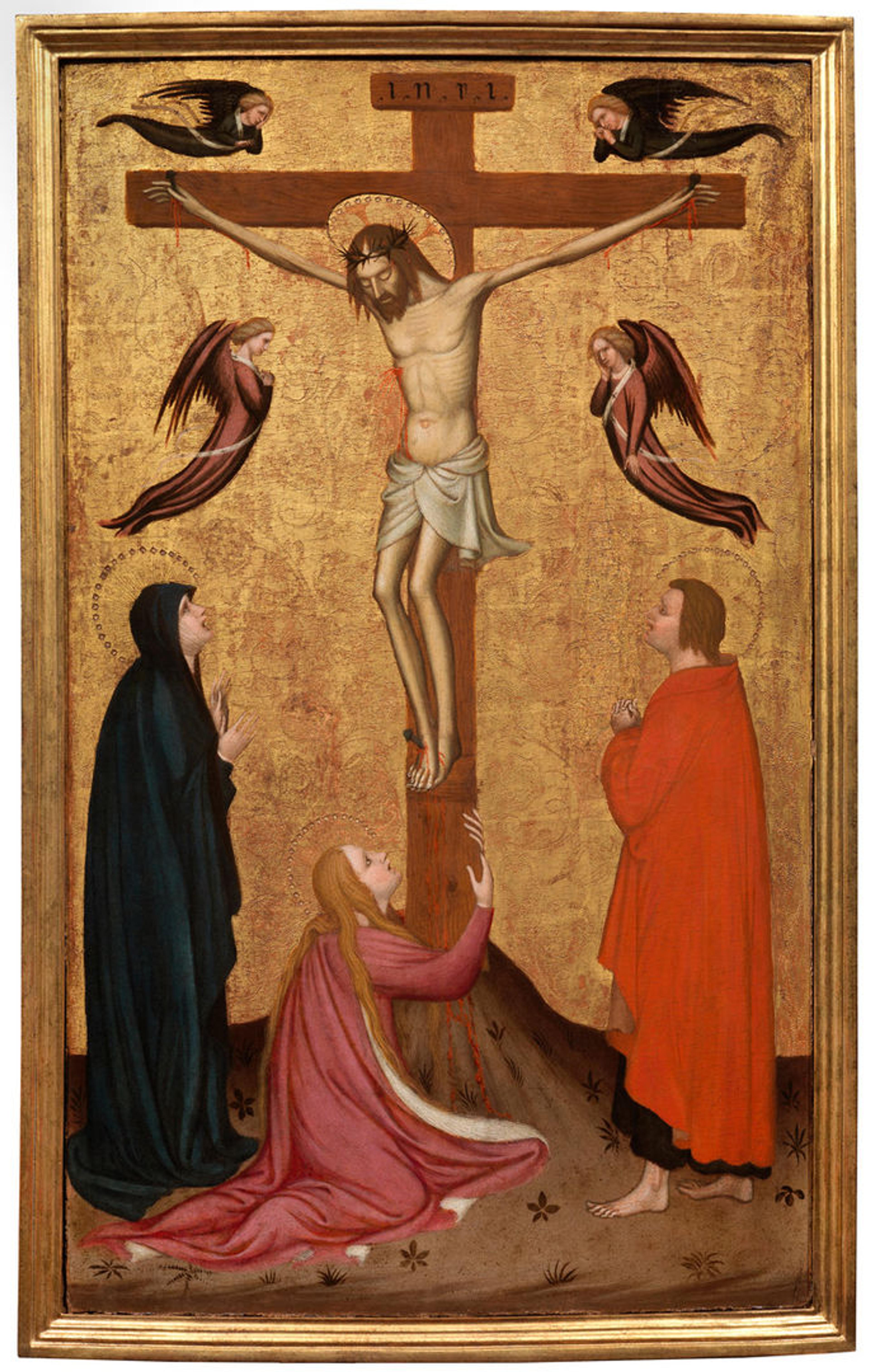 A crucifixion scene by Stefano da Verona, showing Jesus on a cross surrounded by four robed angels, while the Virgin Mary, Saint John, and Mary Magdalene weep at the base of the cross