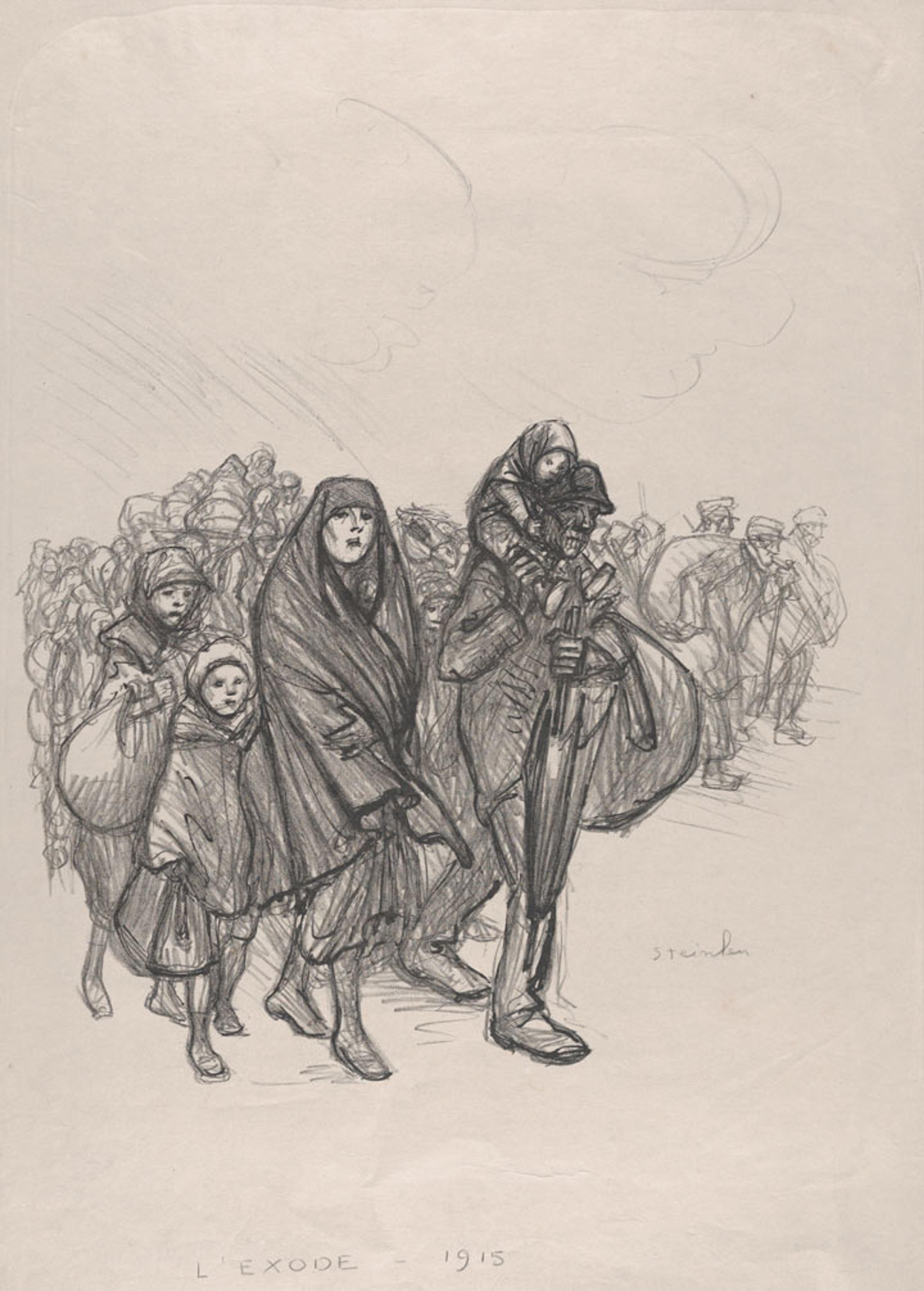 Théophile-Alexandre Steinlen lithograph showing a group of refugees during exodus