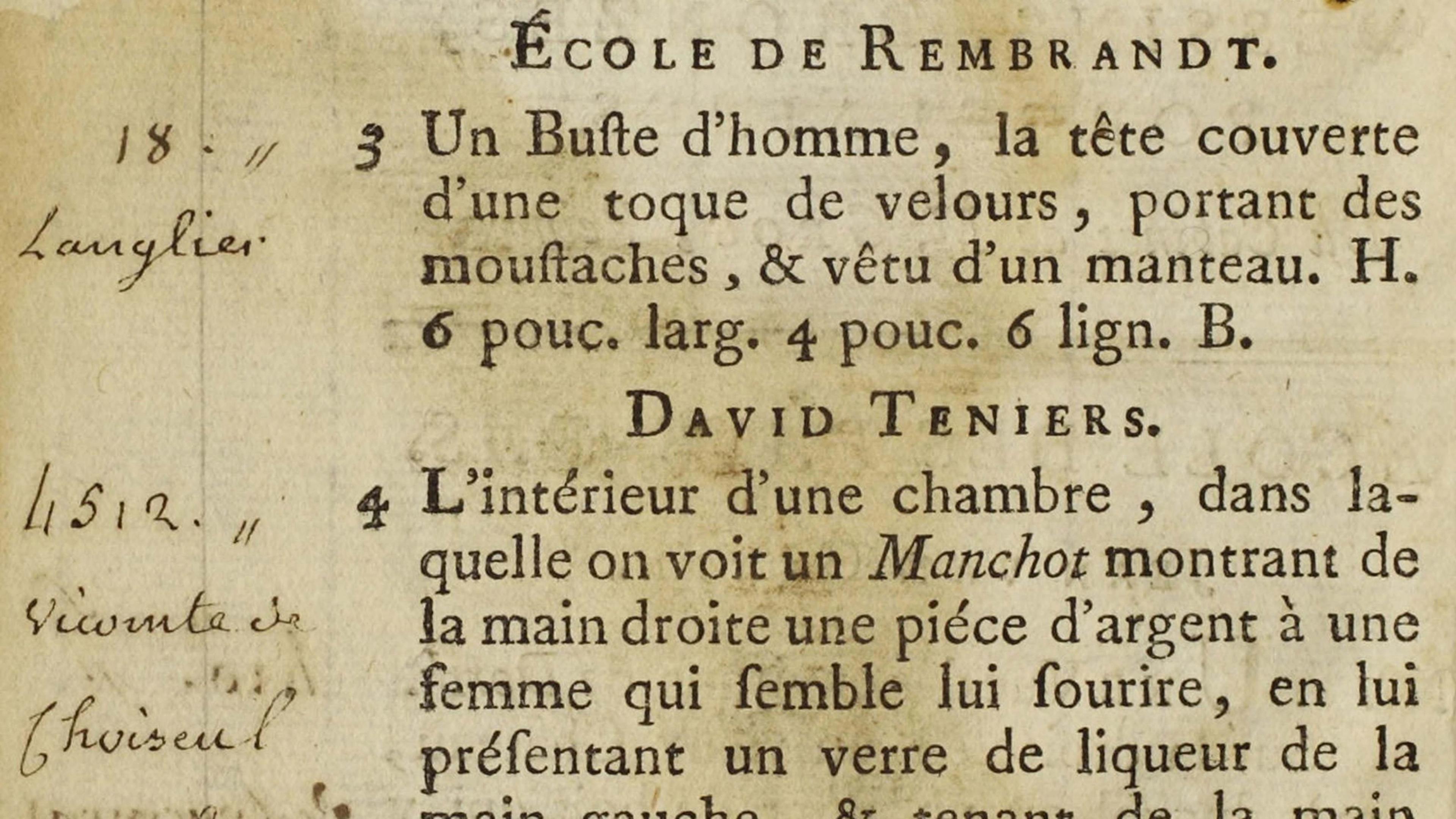 A close-up of an old French art catalog page showing printed descriptions of artworks, with handwritten notes and numbers in the left margin