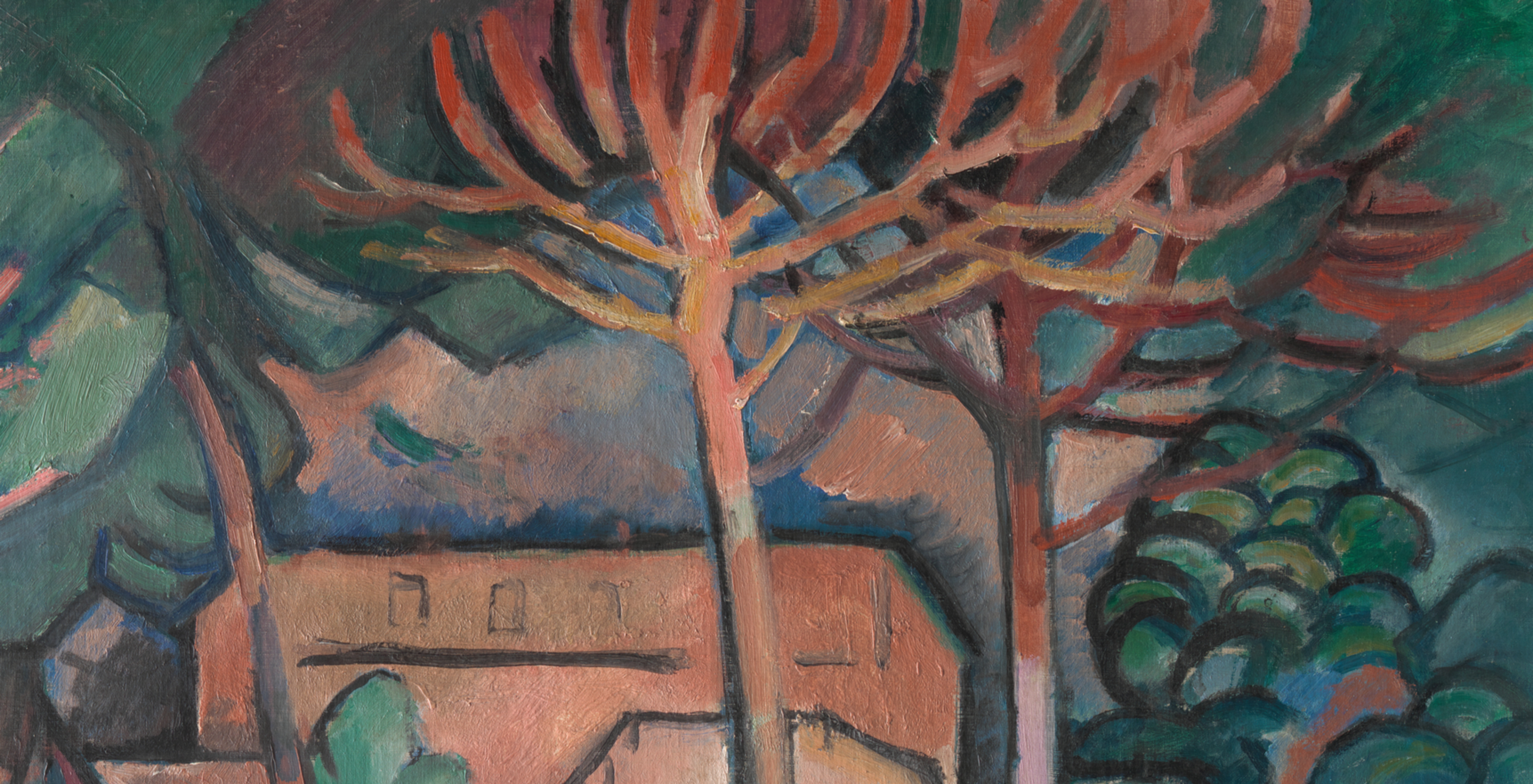 Oil painting looking out over a balcony onto a terraced park with geometrically formed trees in green, orange, and brown tones